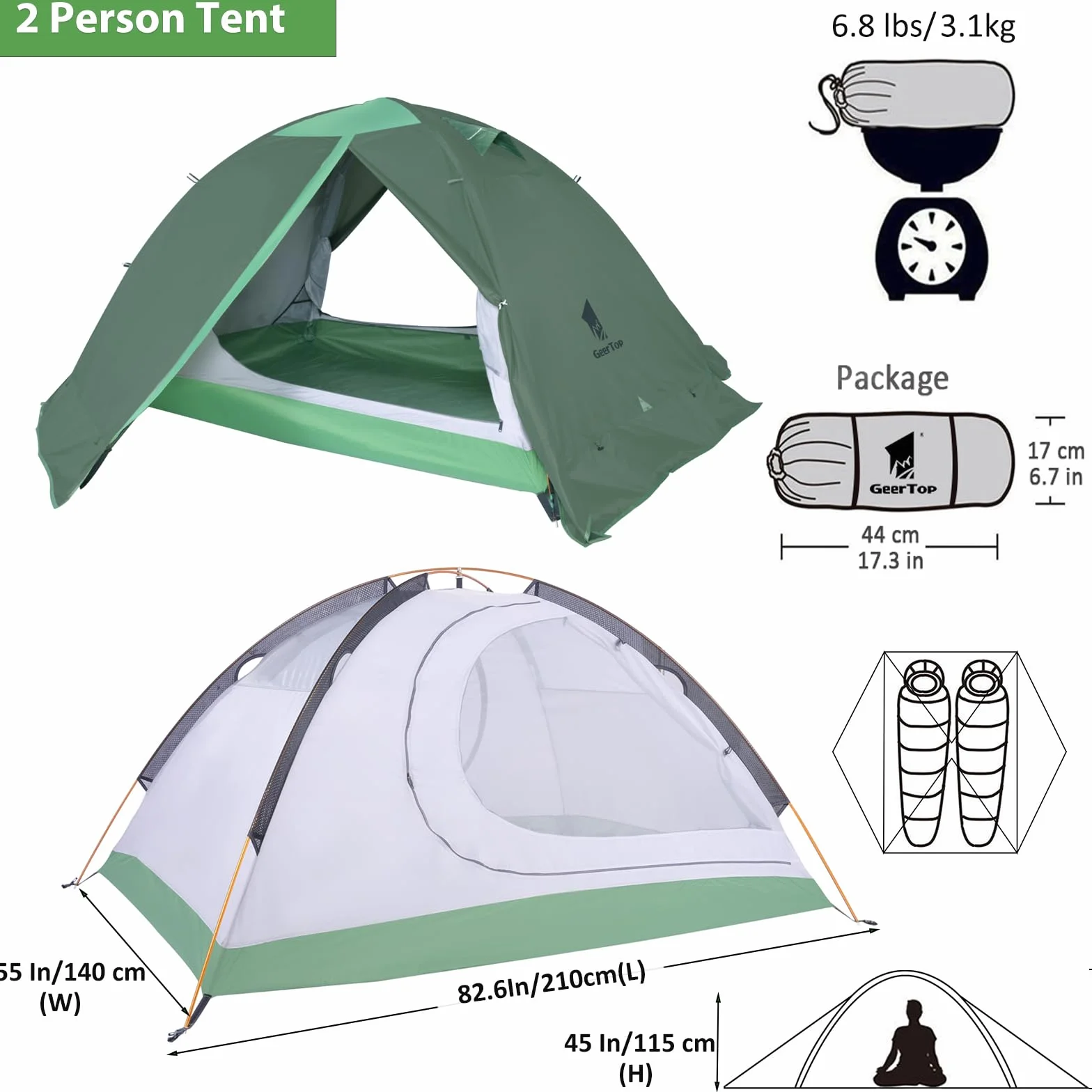 2 Person Backpacking Tent, Lightweight Waterproof 4-Season Tent | Freestanding, Fast Pitch, Aluminum Frame, Double-Wall, Snow Skirt, Dual Vestibules