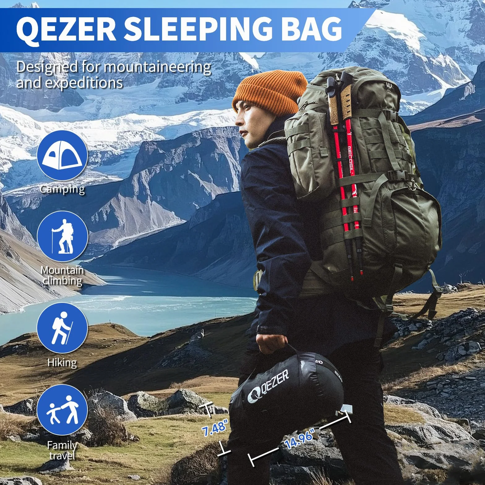 0°F Cold Weather Sleeping Bag for Adults, Lightweight Backpacking Bag with Down Booties for Men and Women Keep Warm