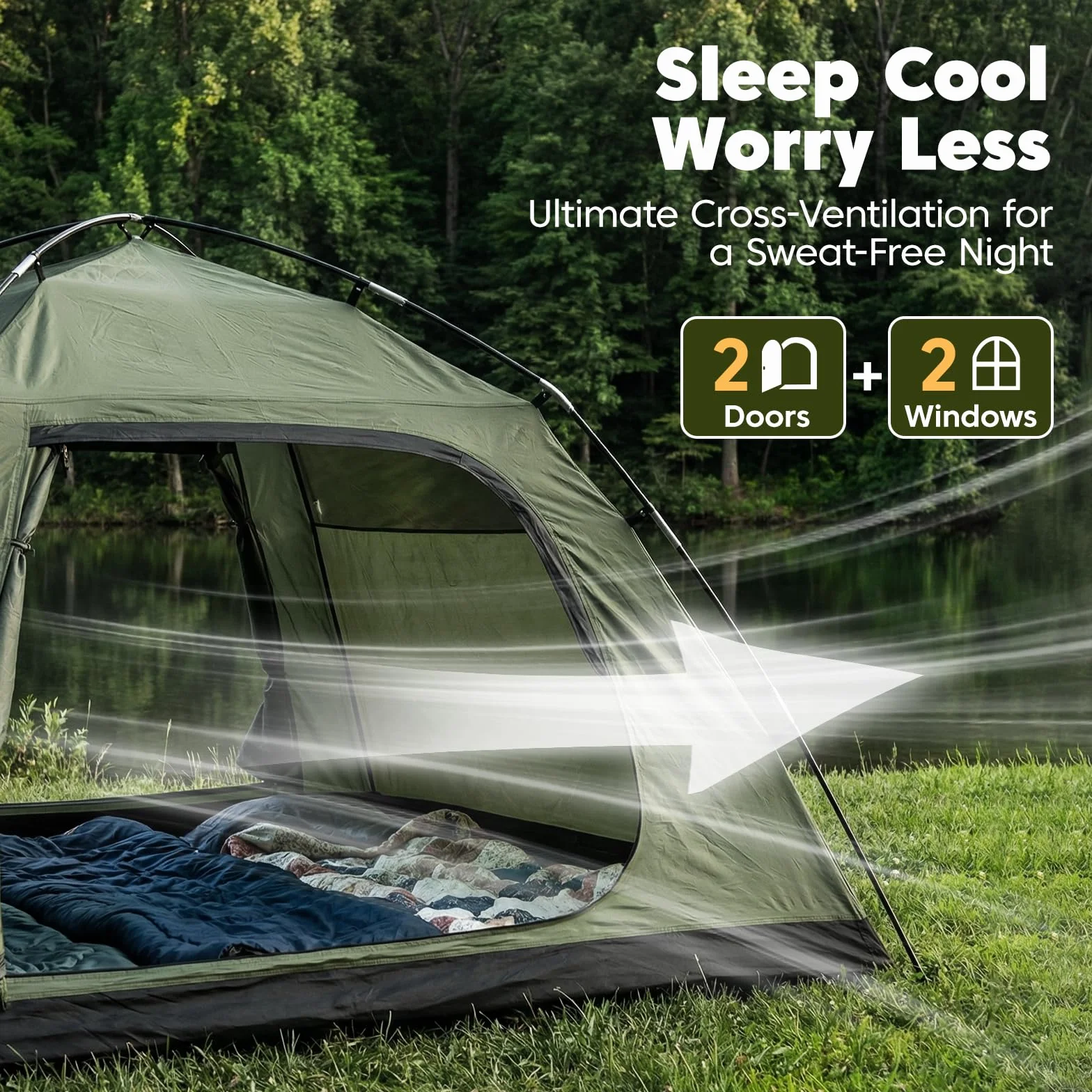 Tent 4 Person Tents for Camping with 2 Doors & Rainfly | Portable Waterproof & Windproof Tents, Large Mesh Ventilation, Easy Setup Family Tent for Camping, Hiking and Backpacking