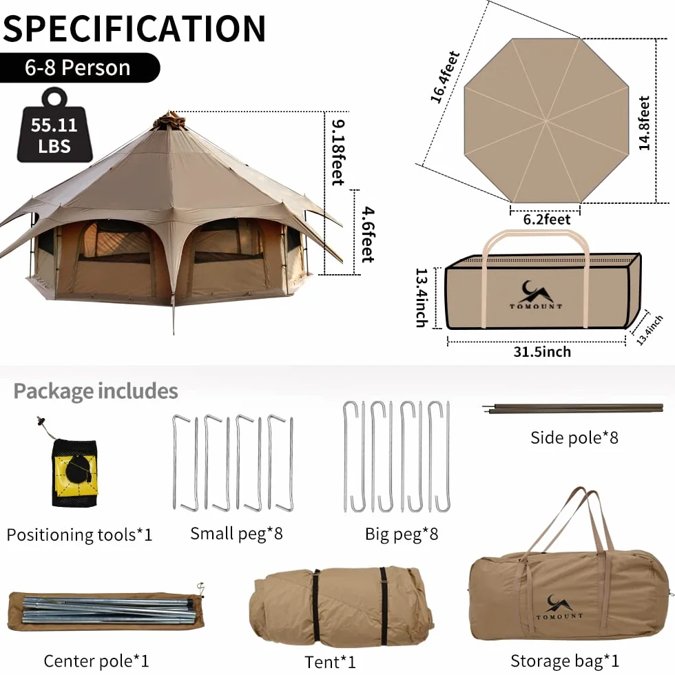 Canvas Tent Bell Tent 16.4ft*9.2ft with Stove Jack for Glamping Family Camping Zipped Removable Floor