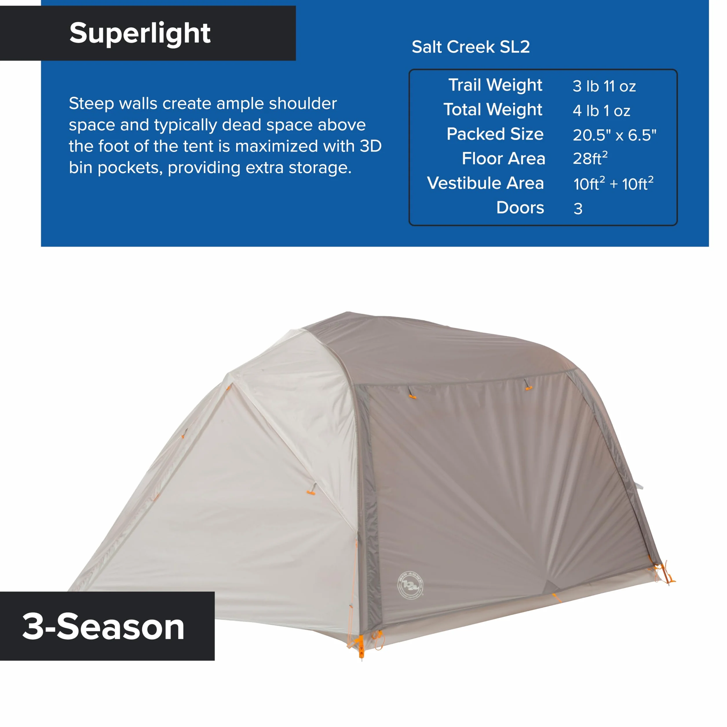 Salt Creek SL - Superlight Backpacking Tent | Three-door superlight tent with dual vestibules, awning-style entry, and enhanced airflow for added comfort
