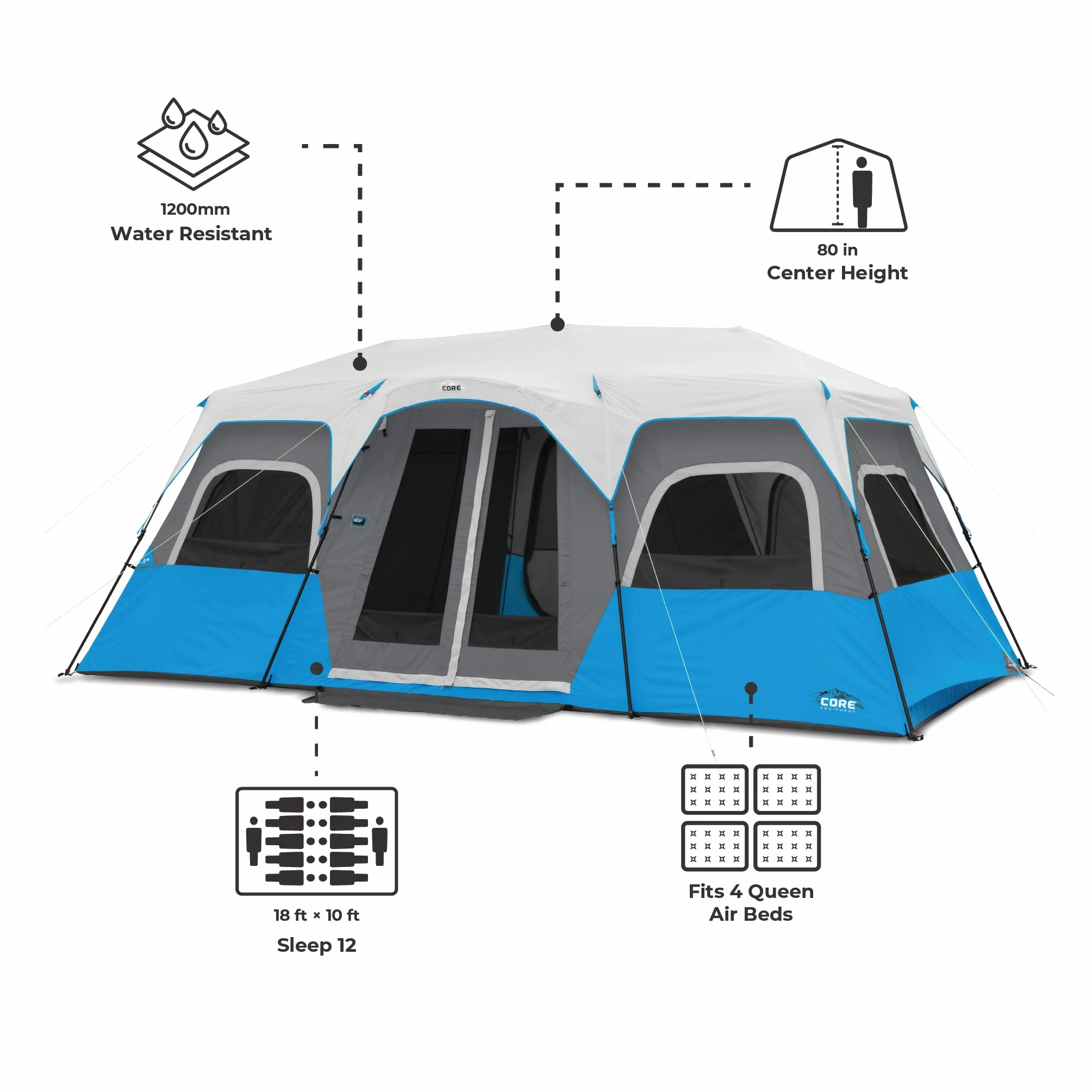 Instant Cabin Tents with LED Lights | Family Multi Room Lighted Pop Up Tents for Camping | Included Storage Pockets for Camping Accessories