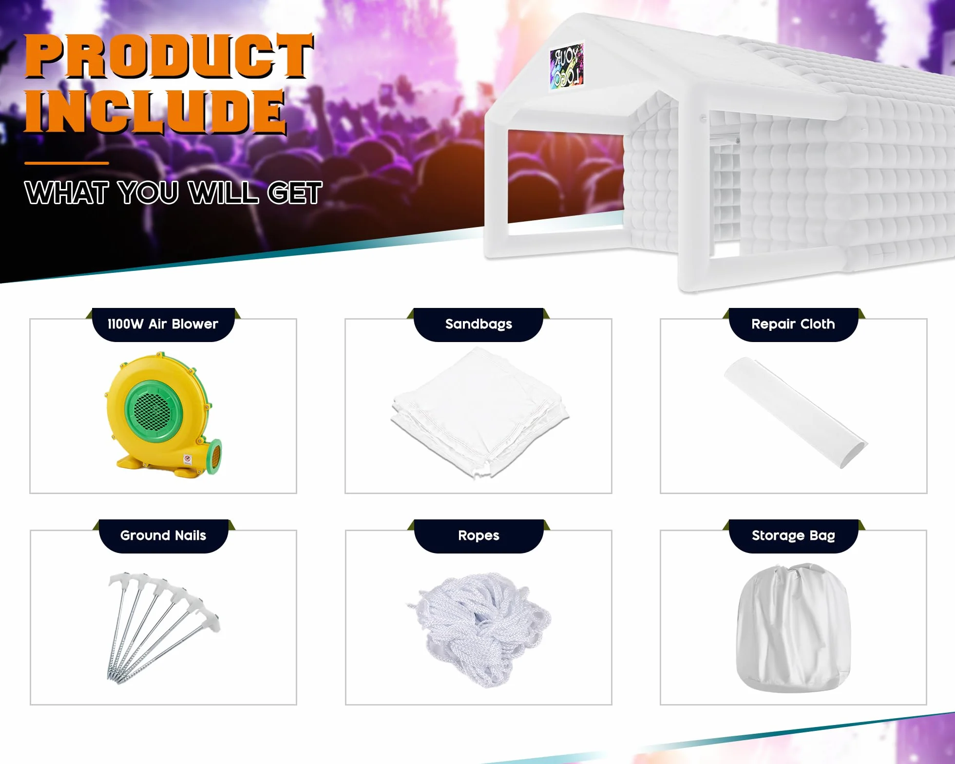 39x20x14 FT Large Inflatable Nightclub Tent for Adults with Pavilion Rest Area, Black Inflatable Night Club Gazebo with 2 Side Doors & Logo Area for Wedding, Birthday, Backyard Events, White