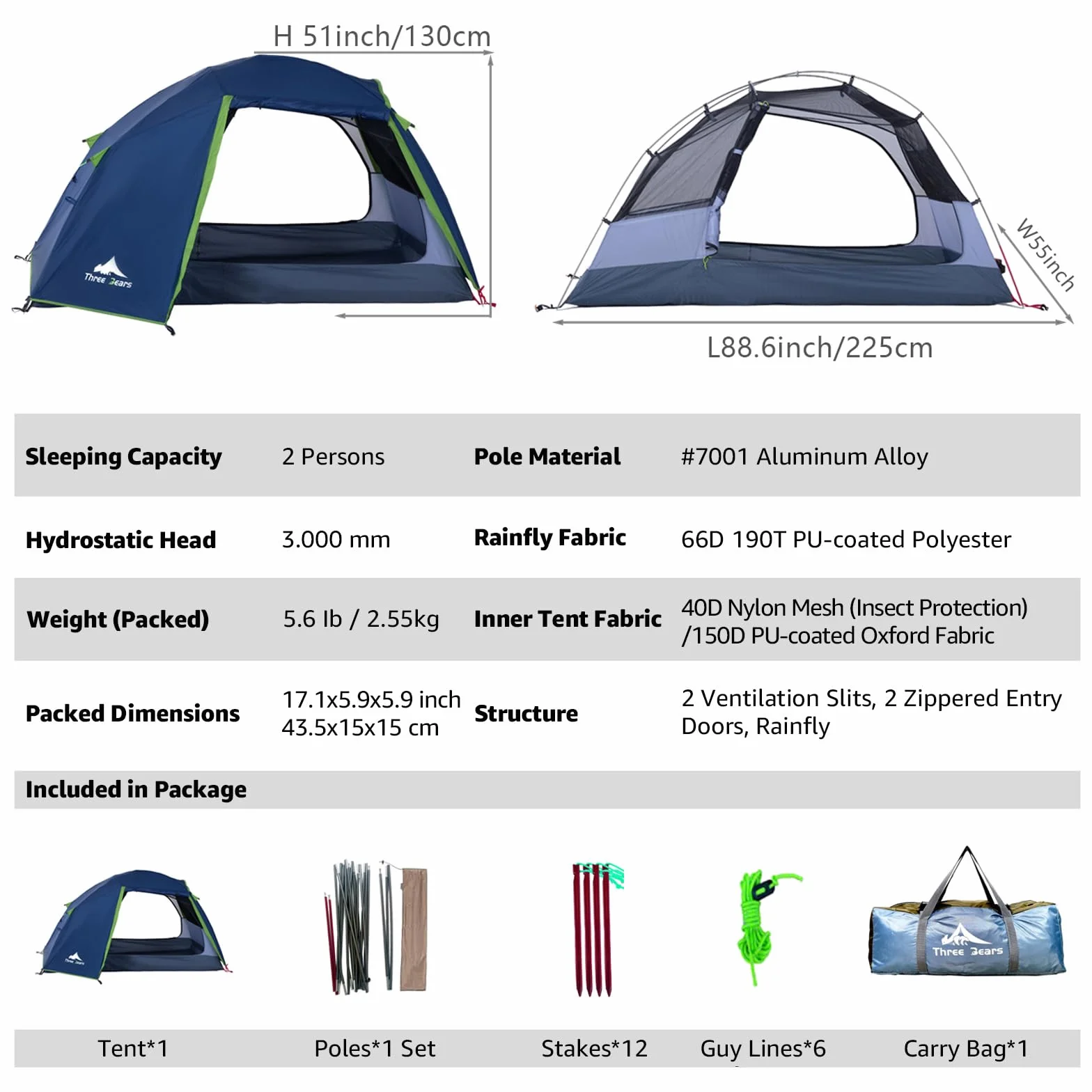 2-Person Camping Tent, Waterproof & Windproof Lightweight Backpacking Tent for Hiking, Camping, Mountaineering & Travel - Durable & Easy Setup