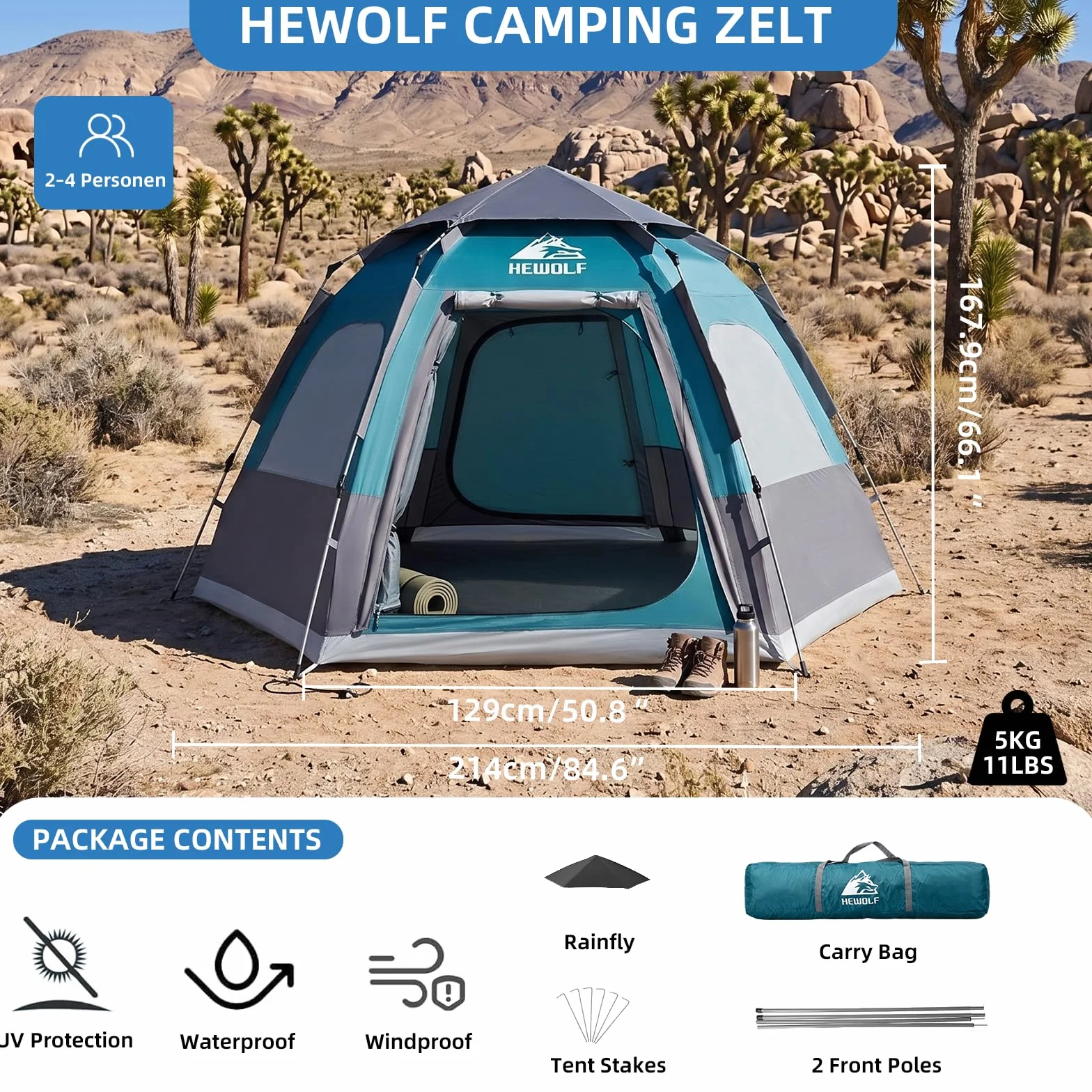 2/3/4 Person Camping Tent - Instant Pop Up Waterproof 2 Doors Tent with Easy Setup | 3-Season Hexagonal Dome Design for Family, Hiking & Traveling