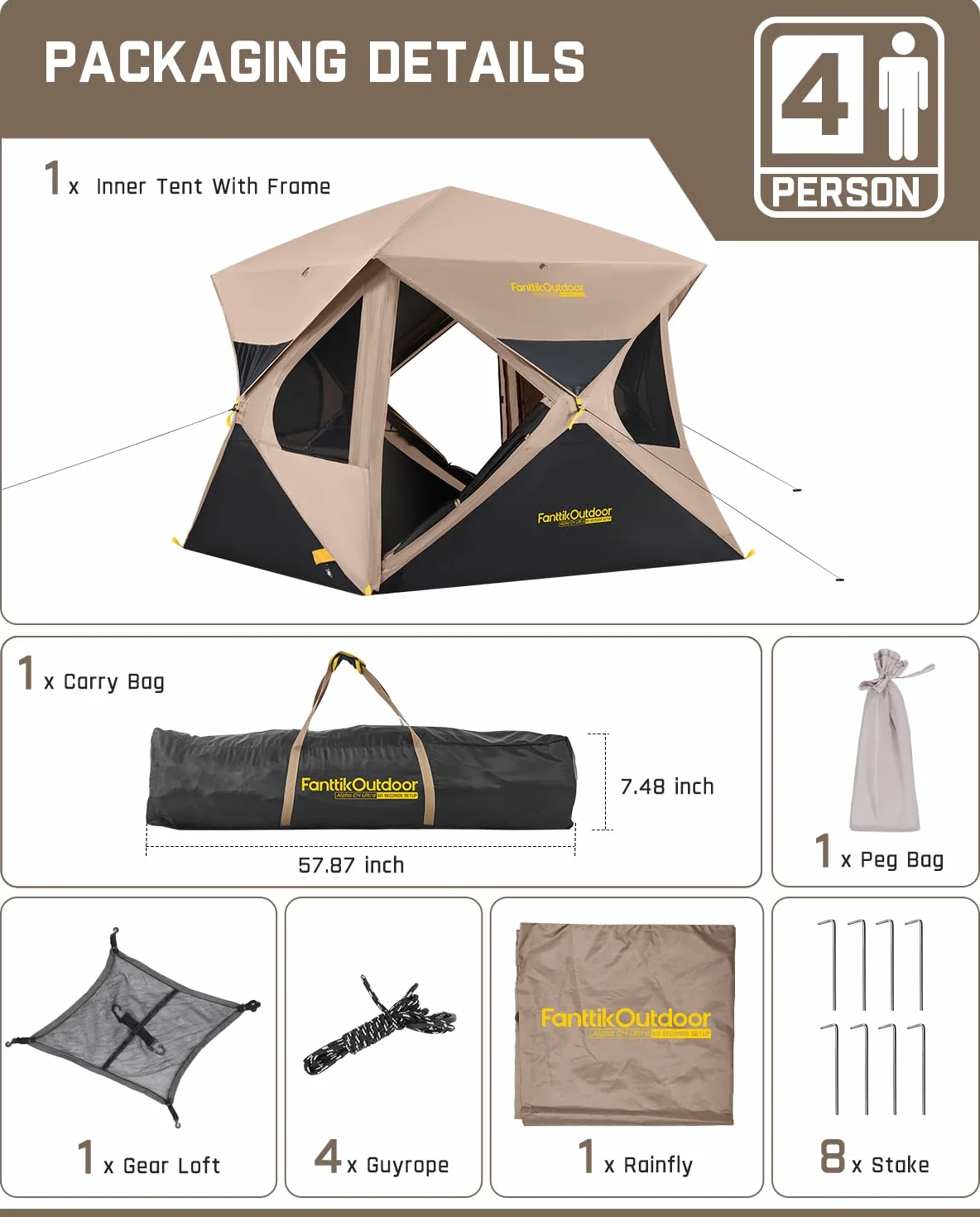 Alpha C4 Ultra Camping Tent 4 Person Pop Up Instant Cabin Setup in 60 Seconds Portable Hub Tent with Rainfly & Windproof for Outdoor Camping & Overlanding