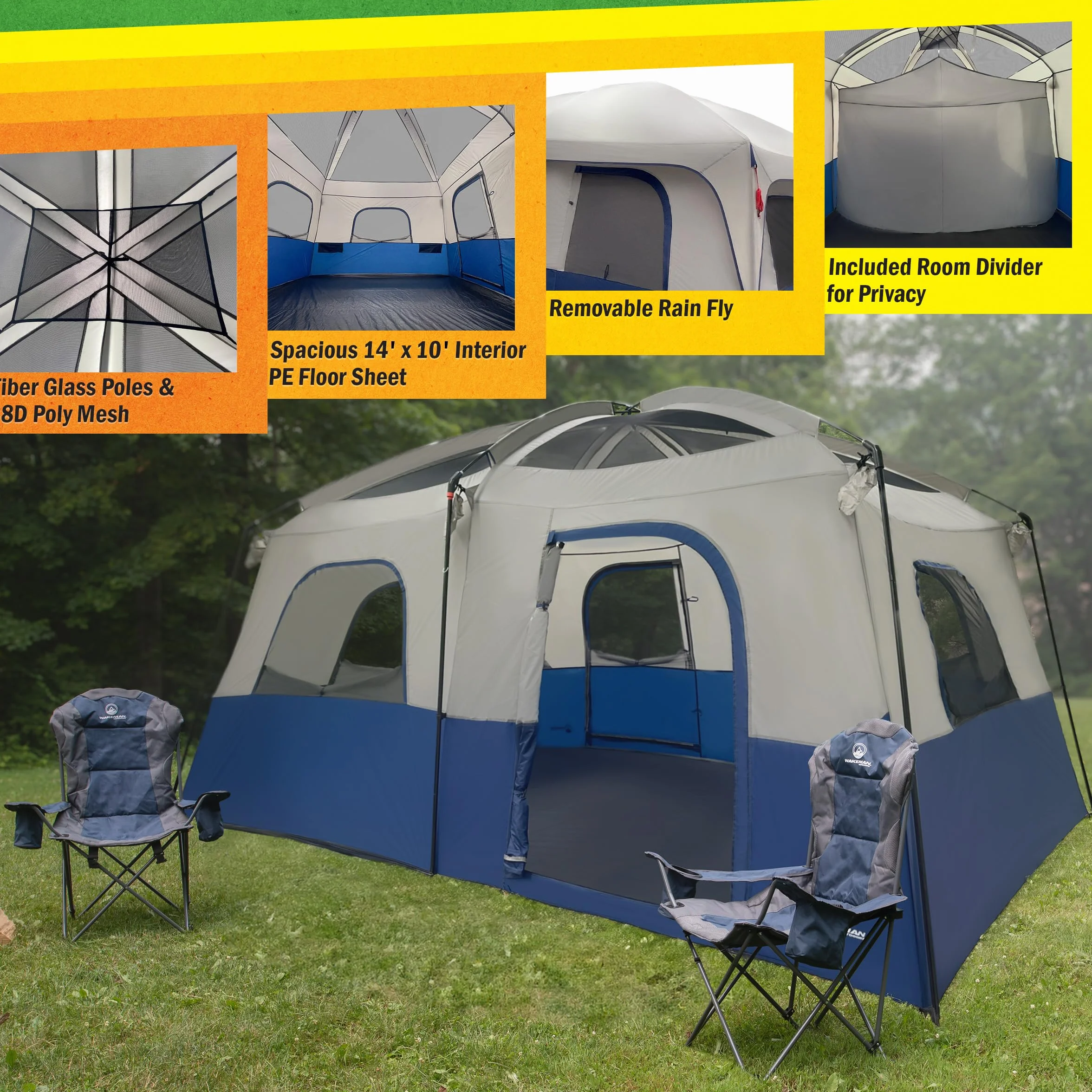 10 Person Camping Tent with Rainfly, Navy | Large Outdoor Tent with Room Divider - Fits 4 Queen Size Mattresses - Family Camping House with 2 Doors and 4 Screen Windows