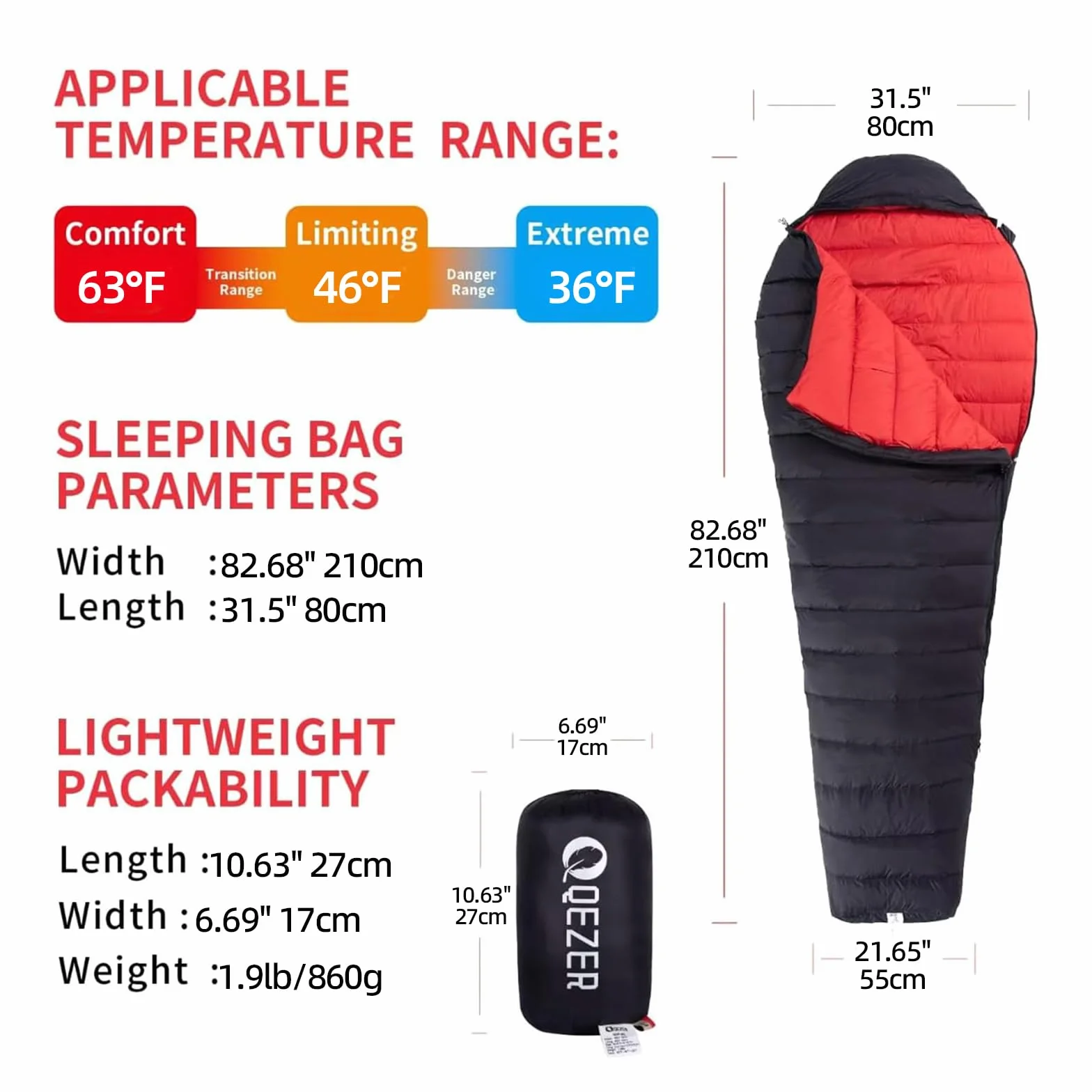 0 Degree Down Sleeping Bag for Adults,Cold Weather Backpacking | 36°F-63°F, 3-Season Use, 650 Fill Power Down, Lightweight Compact Carry, Camping Hiking Backpacking