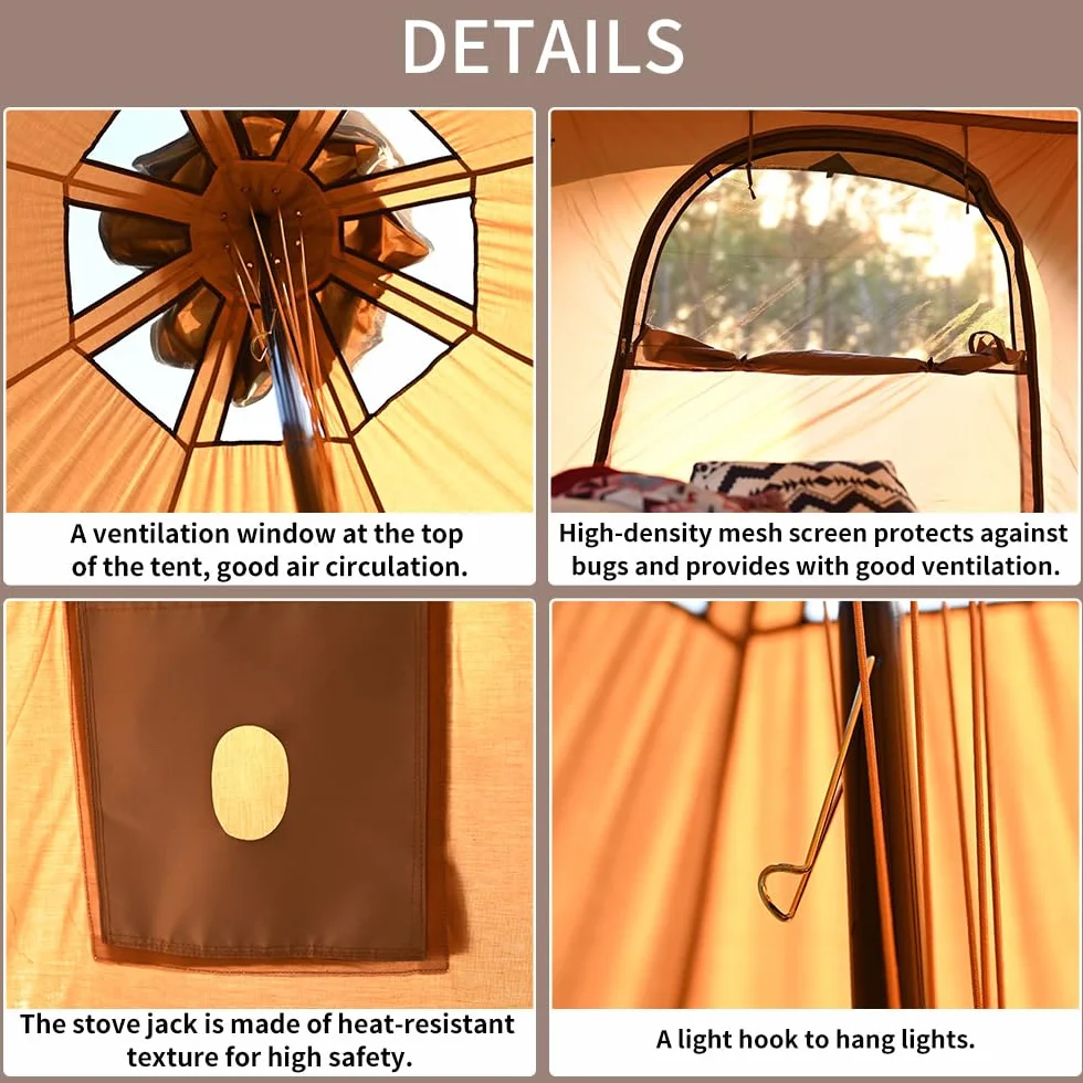 Canvas Tent Bell Tent 16.4ft*9.2ft with Stove Jack for Glamping Family Camping Zipped Removable Floor