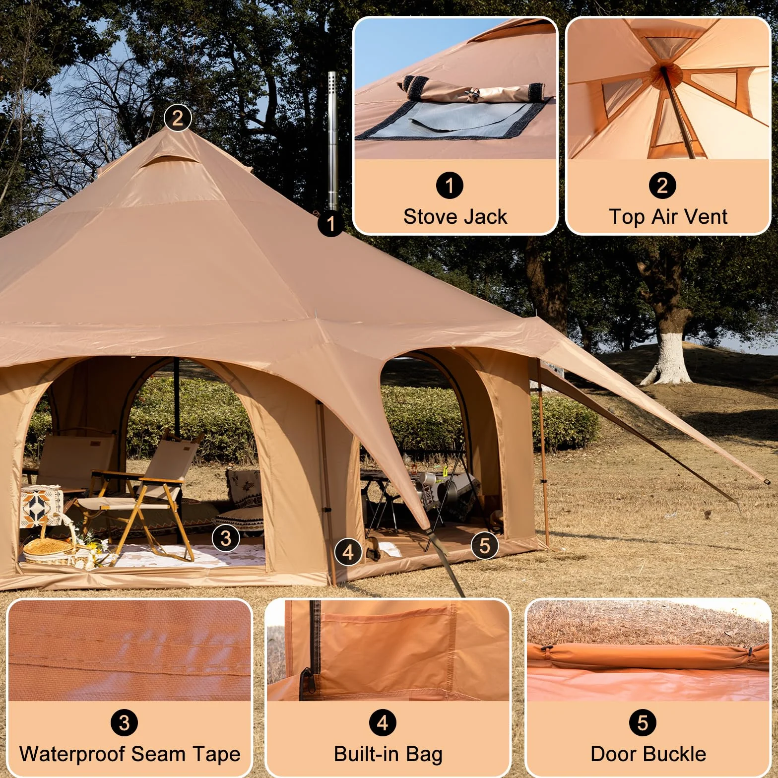 Bell Tent with Stove Jack, 6-10 Person 4 Season Glamping Tent | Spacious for up to 10 people, 8 doors & windows provide 360° airflow, stove jack for cold weather, sturdy windproof frame