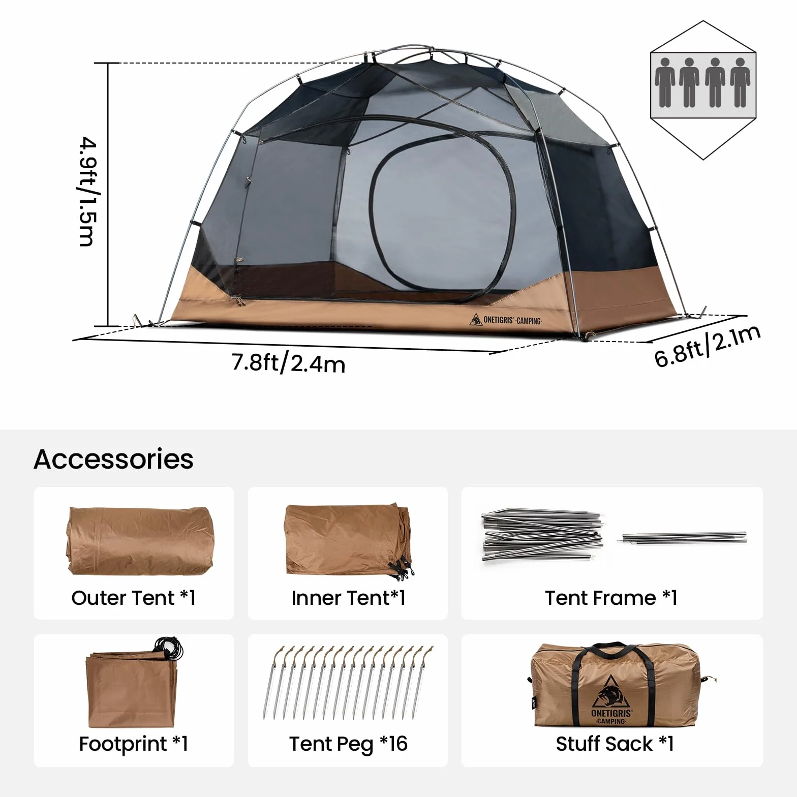 JOVIAN 4 Person Camping Tent 3 Season Family Shelter Easy Setup Outdoor Backpacking with 2000mm Outer Rainfly, 5000mm Bottom & Waterproof Floor Mat