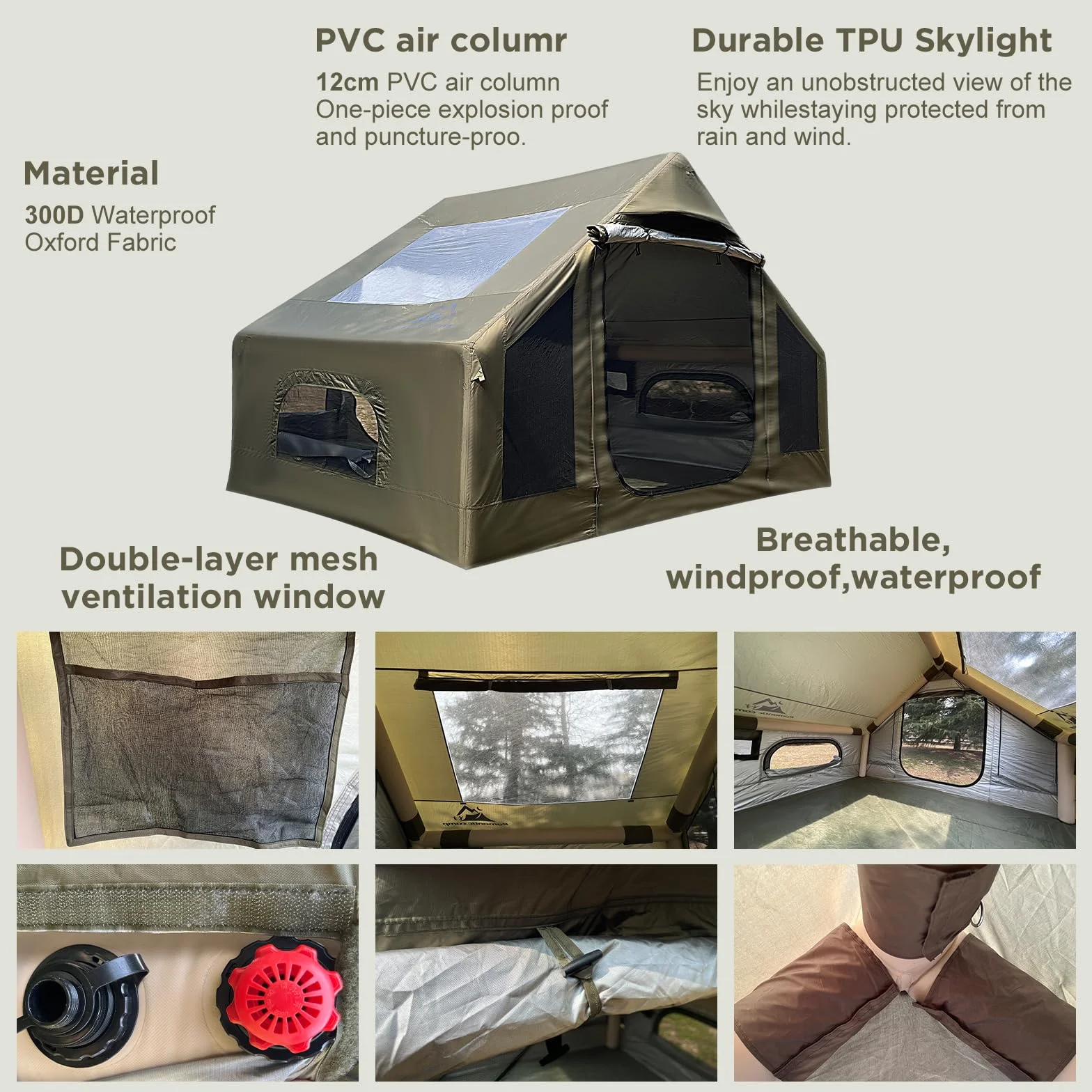 Inflatable Tent for Camping, Quick Setup Blow Up Tents with Pump, Waterproof Oxford 4 Season Air Tent with Skylight, Large Glamping Tent for 2/4/6/8/12 Person