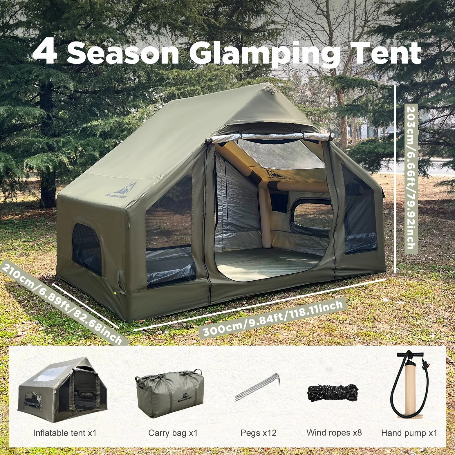 Inflatable Tent for Camping, Quick Setup Blow Up Tents with Pump, Waterproof Oxford 4 Season Air Tent with Skylight, Large Glamping Tent for 2/4/6/8/12 Person
