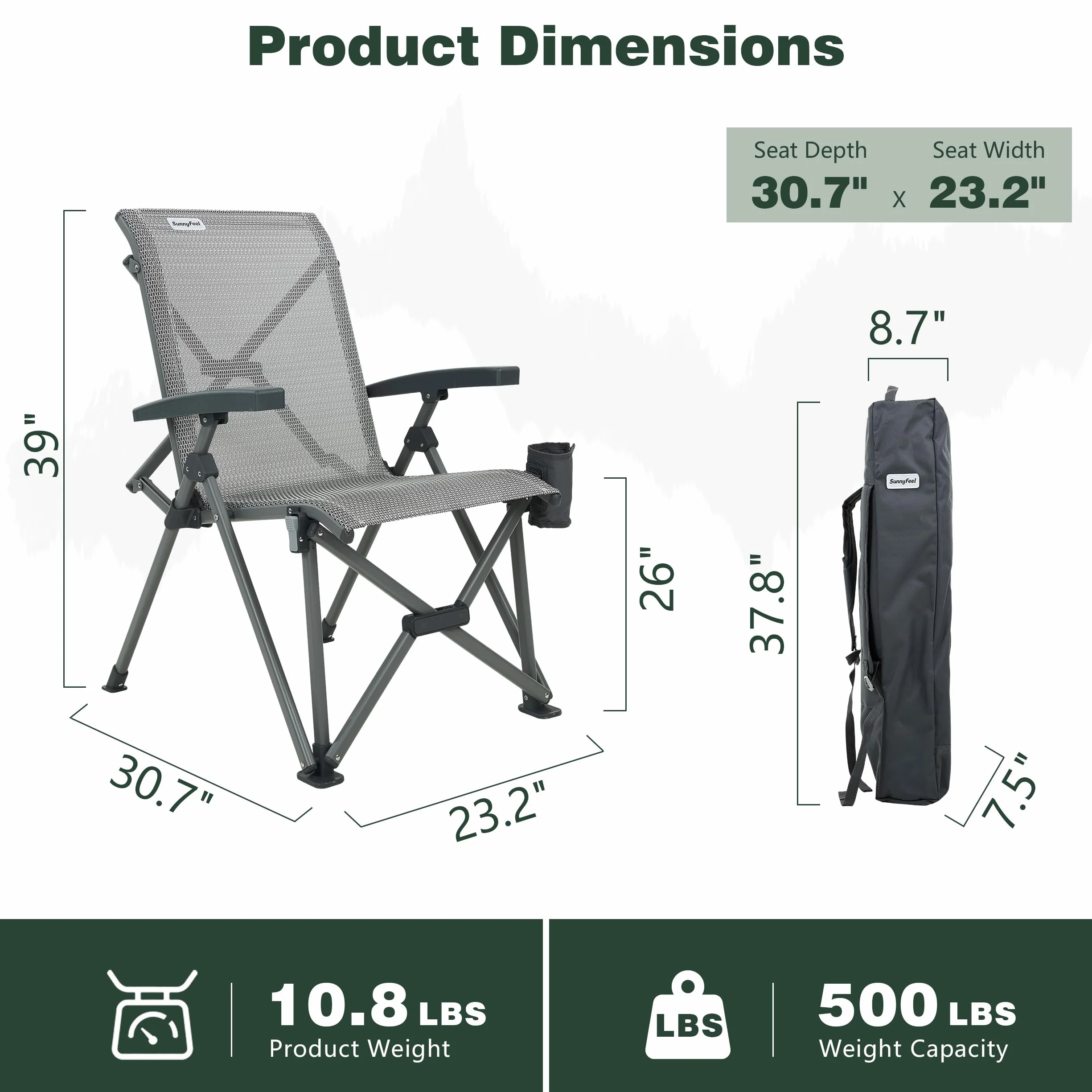 High Back Folding Camping Chair 500 lbs with Aluminum Frame, Grey | Ergonomic Back Support, High-Resilience Fabric & UV-Rated, Detachable Cup Holder and Carry Bag for Camping, Beach, RV, Patio