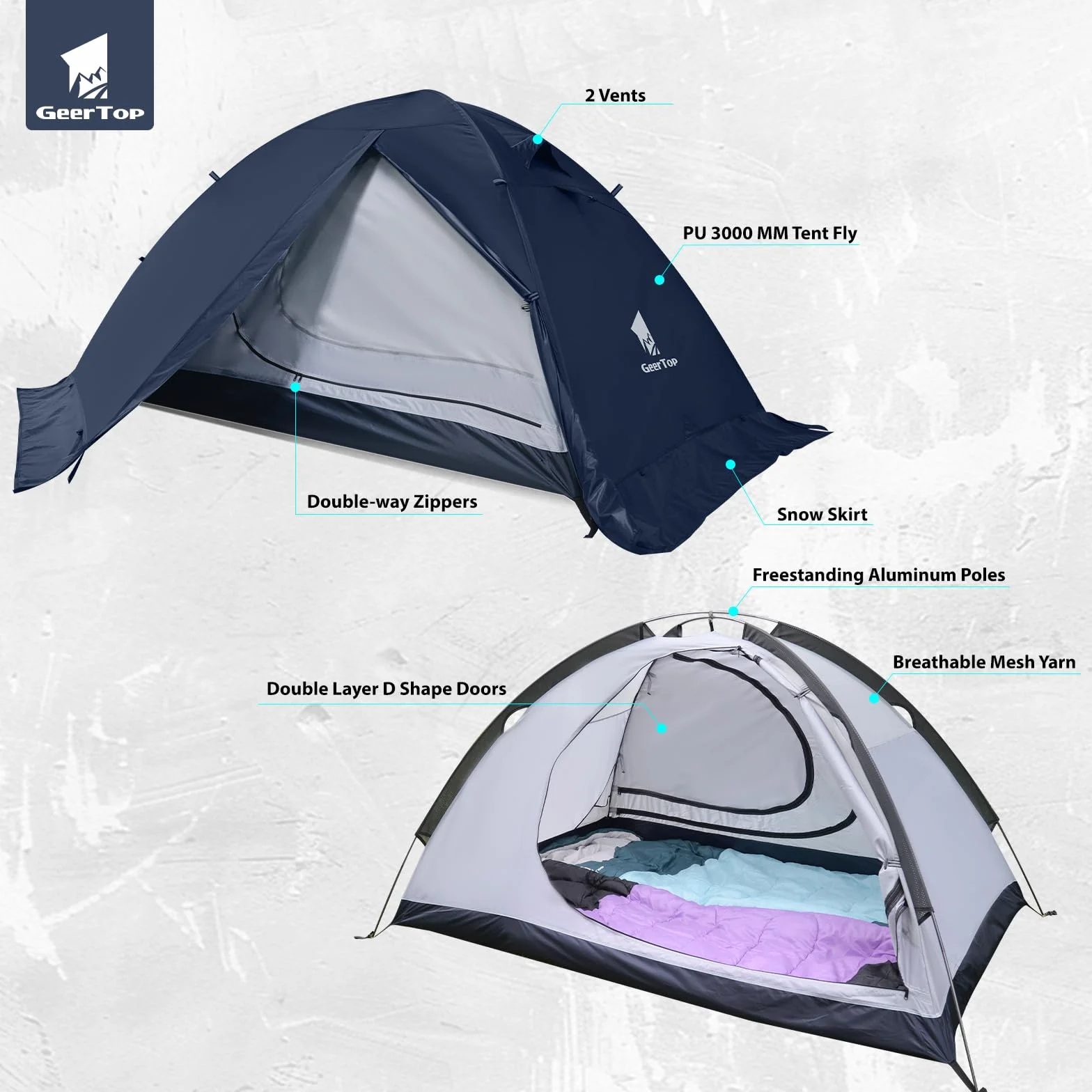 2-Person 4-Season Ultralight Waterproof Backpacking Tent | Double Layer Snow Skirt, Quick 5-Min Setup, Aluminum Poles, Motorcycle Hiking Hunting Camping, Survival Outdoor Gear