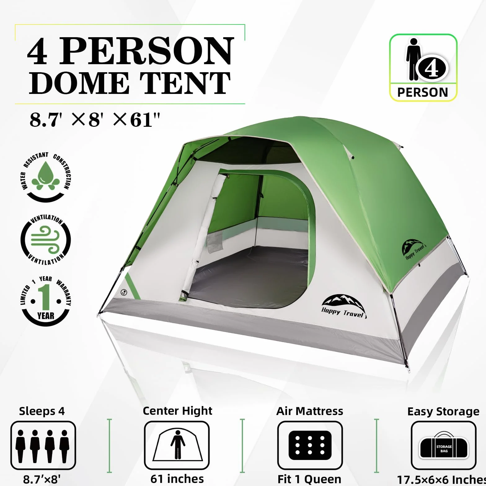 Camping Tent, 4/6 Person Dome Tents for Camping with Rainfly | Waterproof Clip Easy Setup Portable Family Tent with Mesh Windows, 20% More Headroom Backpacking Tents for Camping & Hiking
