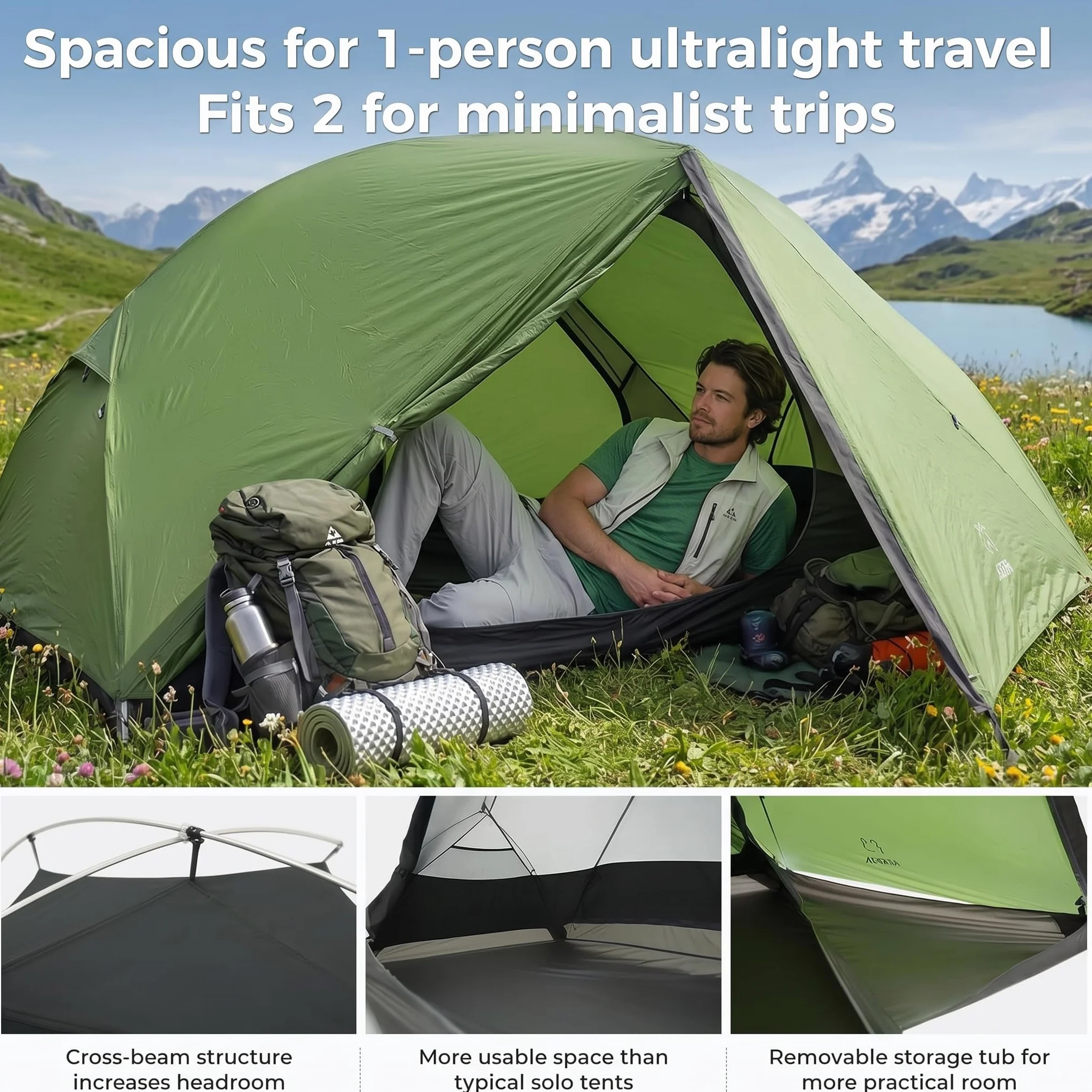 Voyage 1-2 Backpacking Tent, Ultralight 20D SilNylon 4 Season Camping Tent, 4000mm Waterproof Freestanding Tent with Expandable Vestibule for Hiking, Bikepacking & Mountaineering