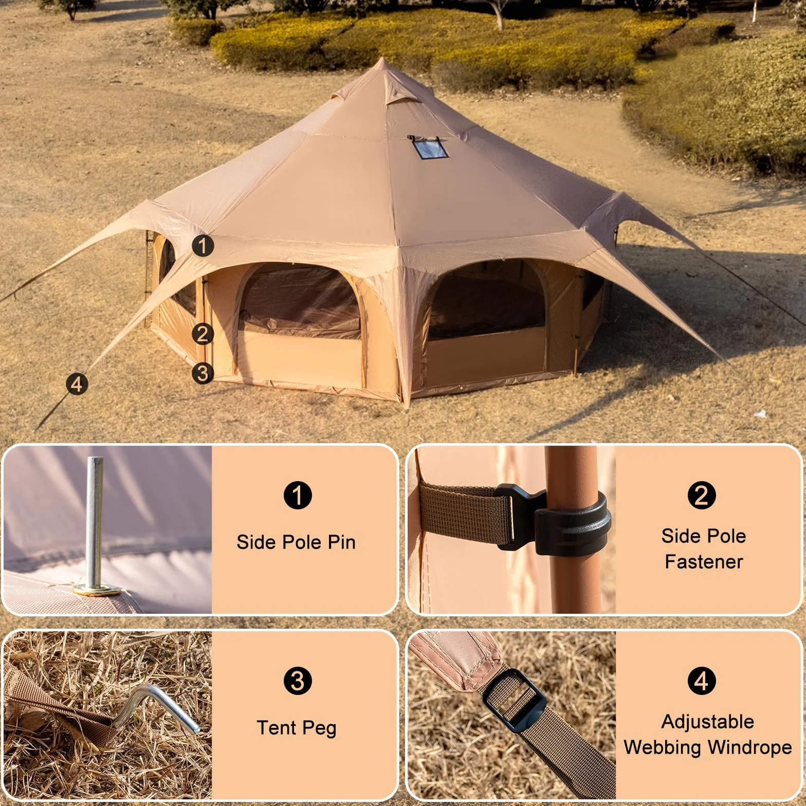Bell Tent with Stove Jack, 6-10 Person 4 Season Glamping Tent | Spacious for up to 10 people, 8 doors & windows provide 360° airflow, stove jack for cold weather, sturdy windproof frame