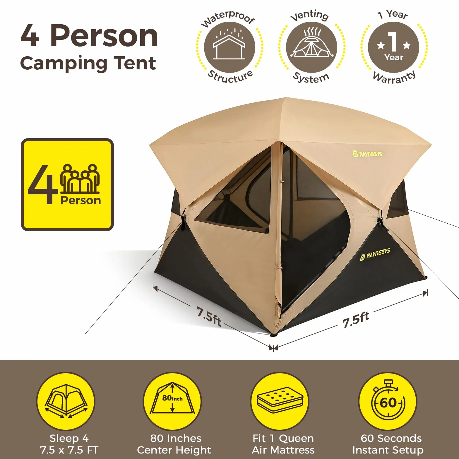 4 Person Camping Tent, Setup in 60 Seconds, Waterproof,Pop up Tents | Instant setup in 60 Seconds,Spacious Interior,3000mm waterproof Camping tent,Instant Cabin Tents with Carry Bag