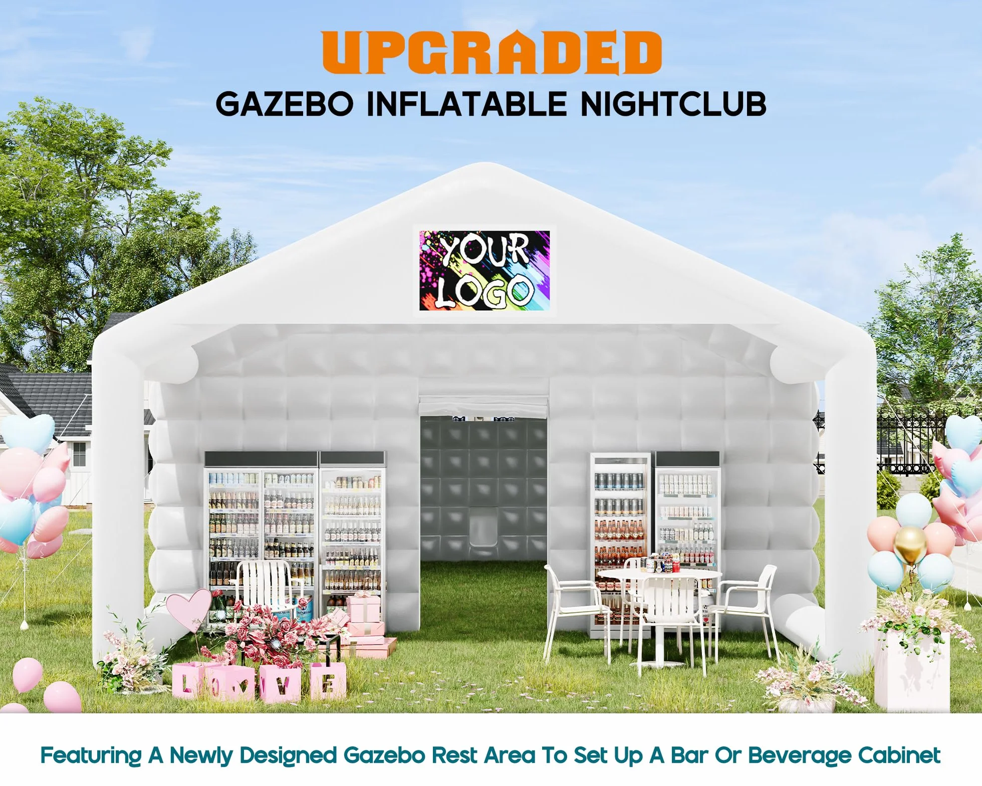 39x20x14 FT Large Inflatable Nightclub Tent for Adults with Pavilion Rest Area, Black Inflatable Night Club Gazebo with 2 Side Doors & Logo Area for Wedding, Birthday, Backyard Events, White
