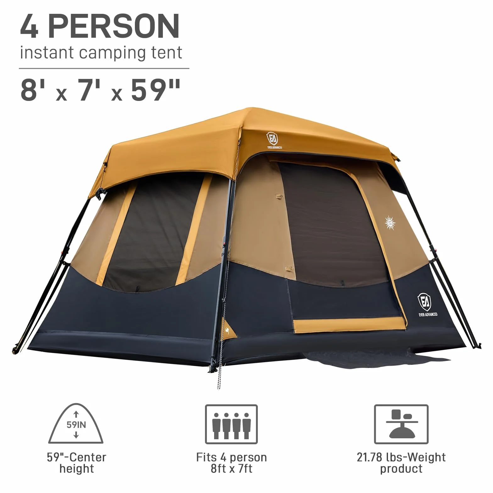 4 Person Blackout Camping Tent, 60s Easy Setup Instant Cabin Tent for Family, 4000mm Water-Resistant & UV Protection Light-Blocking Tent with Rainfly for Outdoor Travel, 8' x 7' x 59"
