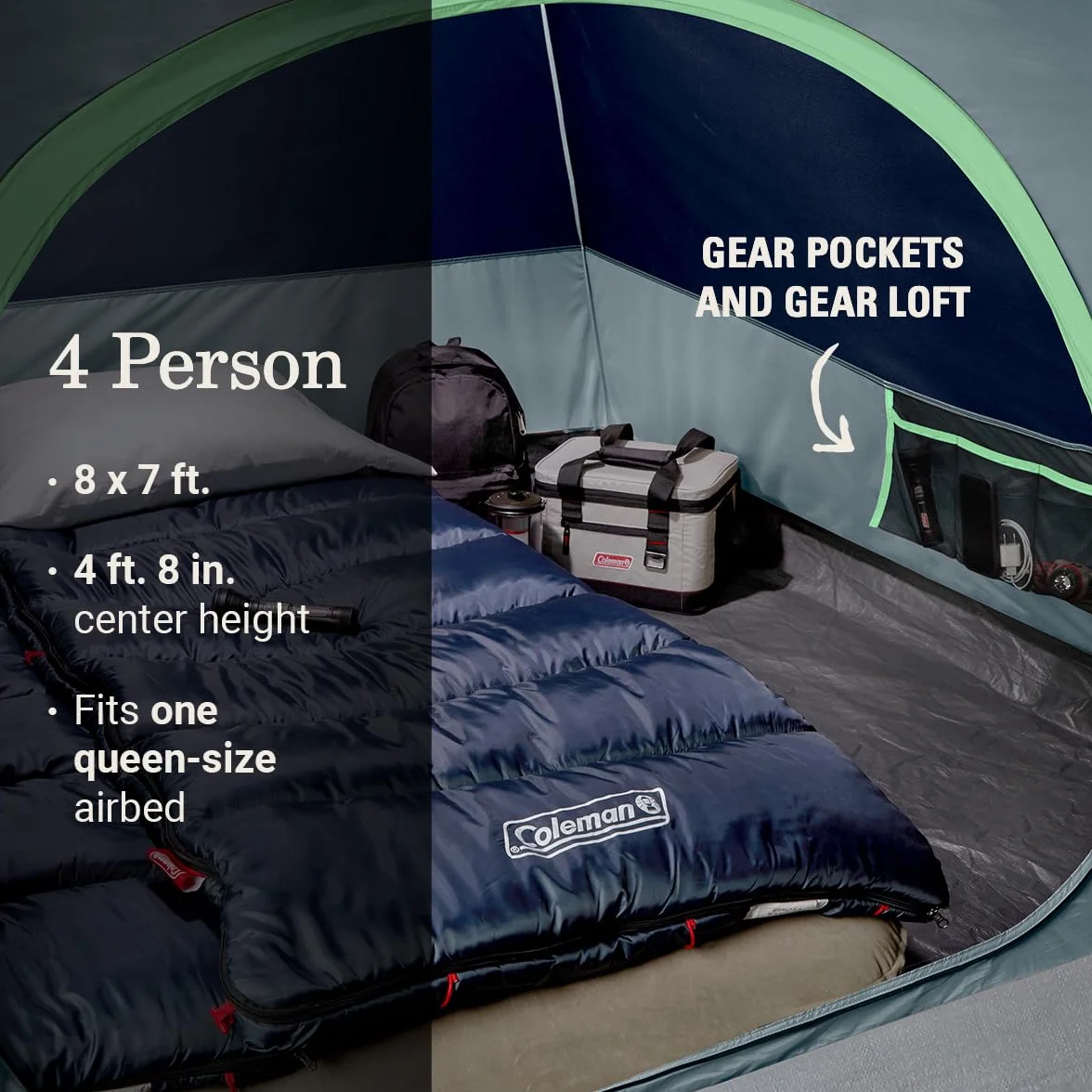 Skydome Tent with LED Lights & 5-Minute Setup, Weatherproof 4-Person Tent with Overhead Lighting, Made of PFAS-Free Materials