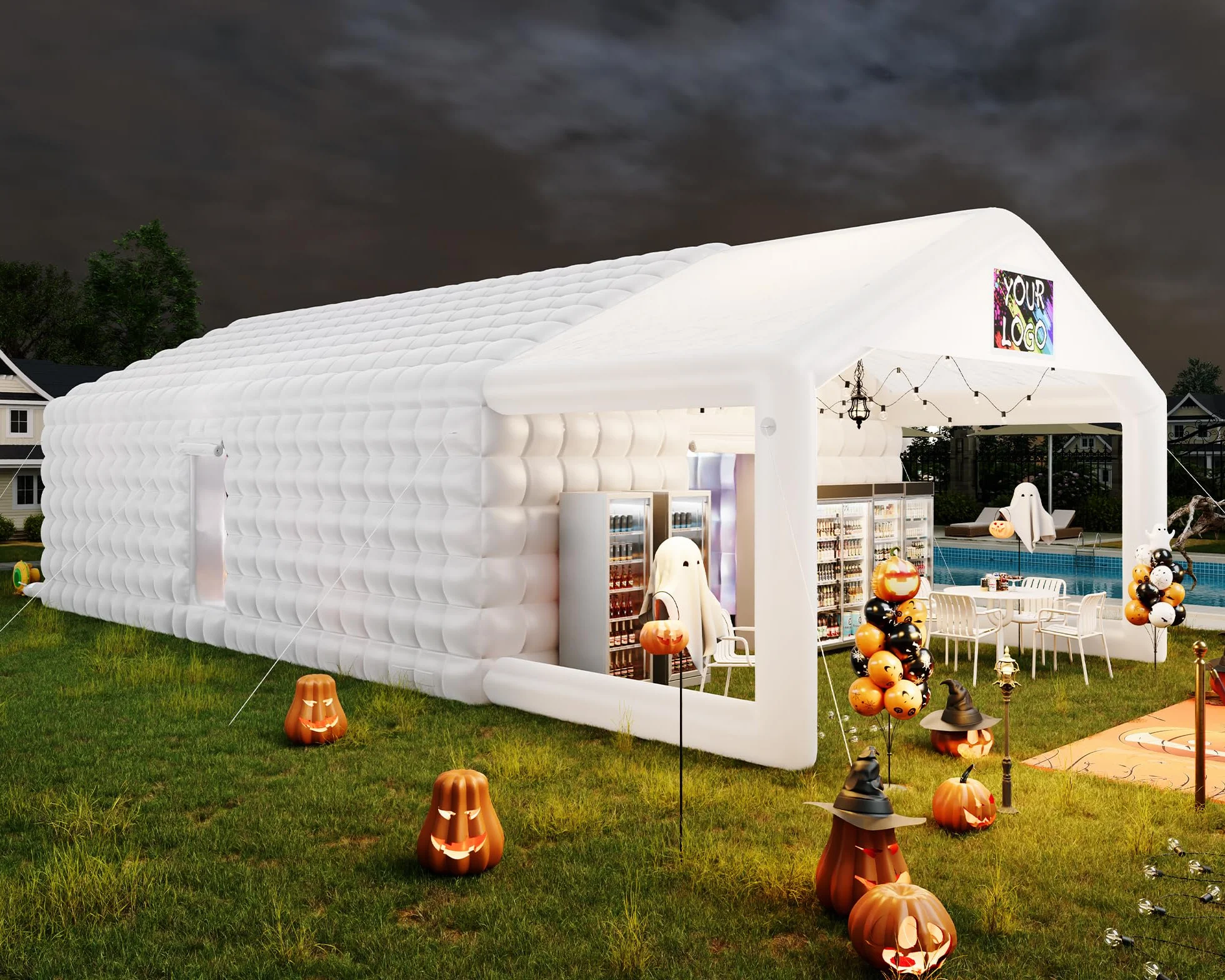 39x20x14 FT Large Inflatable Nightclub Tent for Adults with Pavilion Rest Area, Black Inflatable Night Club Gazebo with 2 Side Doors & Logo Area for Wedding, Birthday, Backyard Events, White