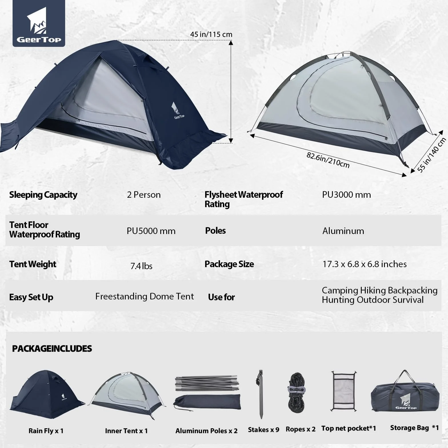 2-Person 4-Season Ultralight Waterproof Backpacking Tent | Double Layer Snow Skirt, Quick 5-Min Setup, Aluminum Poles, Motorcycle Hiking Hunting Camping, Survival Outdoor Gear
