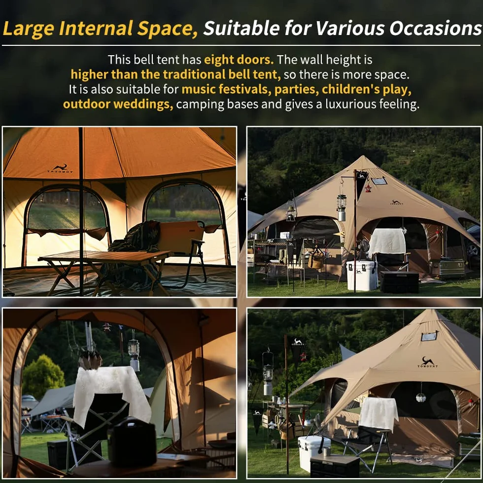 Canvas Tent Bell Tent 16.4ft*9.2ft with Stove Jack for Glamping Family Camping Zipped Removable Floor