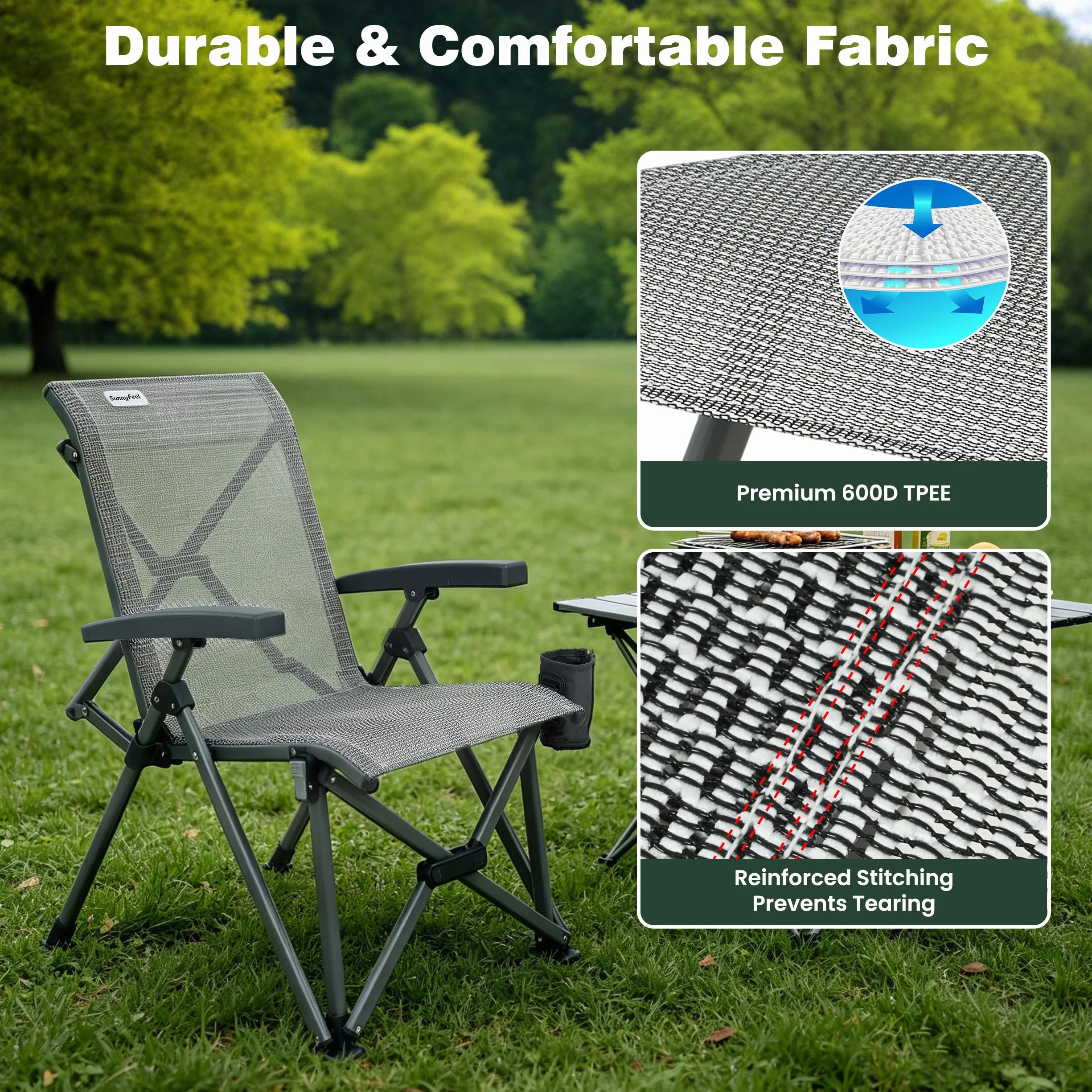 High Back Folding Camping Chair 500 lbs with Aluminum Frame, Grey | Ergonomic Back Support, High-Resilience Fabric & UV-Rated, Detachable Cup Holder and Carry Bag for Camping, Beach, RV, Patio