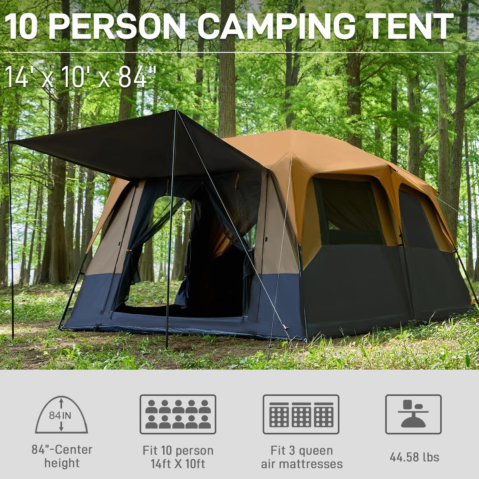 10 Person Camping Blackout Design Tent, Multi Room Tent for Family, Large Tents with Rainfly and Carry Bag, 2 Doors, Water-Resistant, 14ft x 10ft x 84in