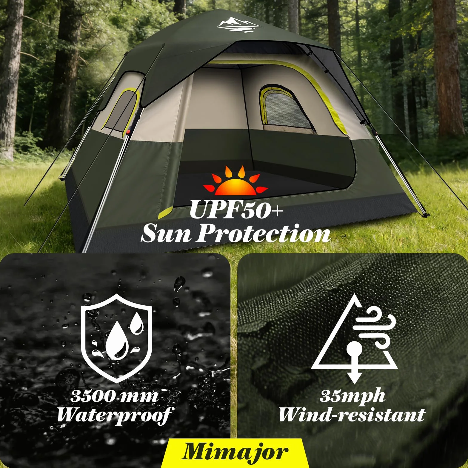 Camping Tent 2/3/4 Person Instant Pop Up Tents for Camping | 40s Easy Setup Tent with Rainfly, Double-Layer Waterproof & Windproof Instant Tents with Welcome Mat for Camping & Hiking