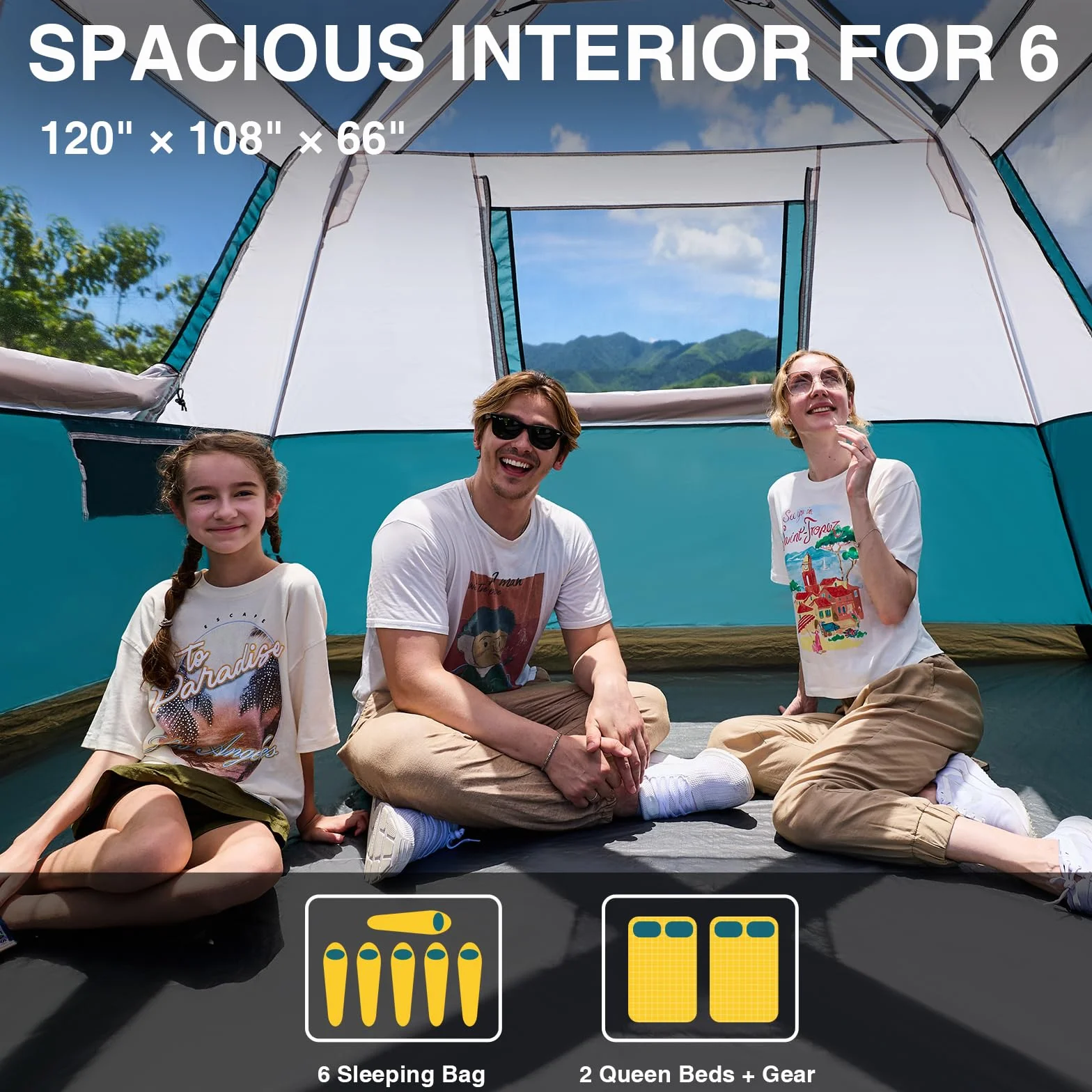 Instant 6 Person Tent for Camping with Rainfly, Under 60s Setup, 10 x 9ft | Fits 2 Queen Air Mattresses, 1200mm Waterproof, 360° Ventilation, PFAS-Free Fabric and Carry Bag for Family, Camping, Hiking