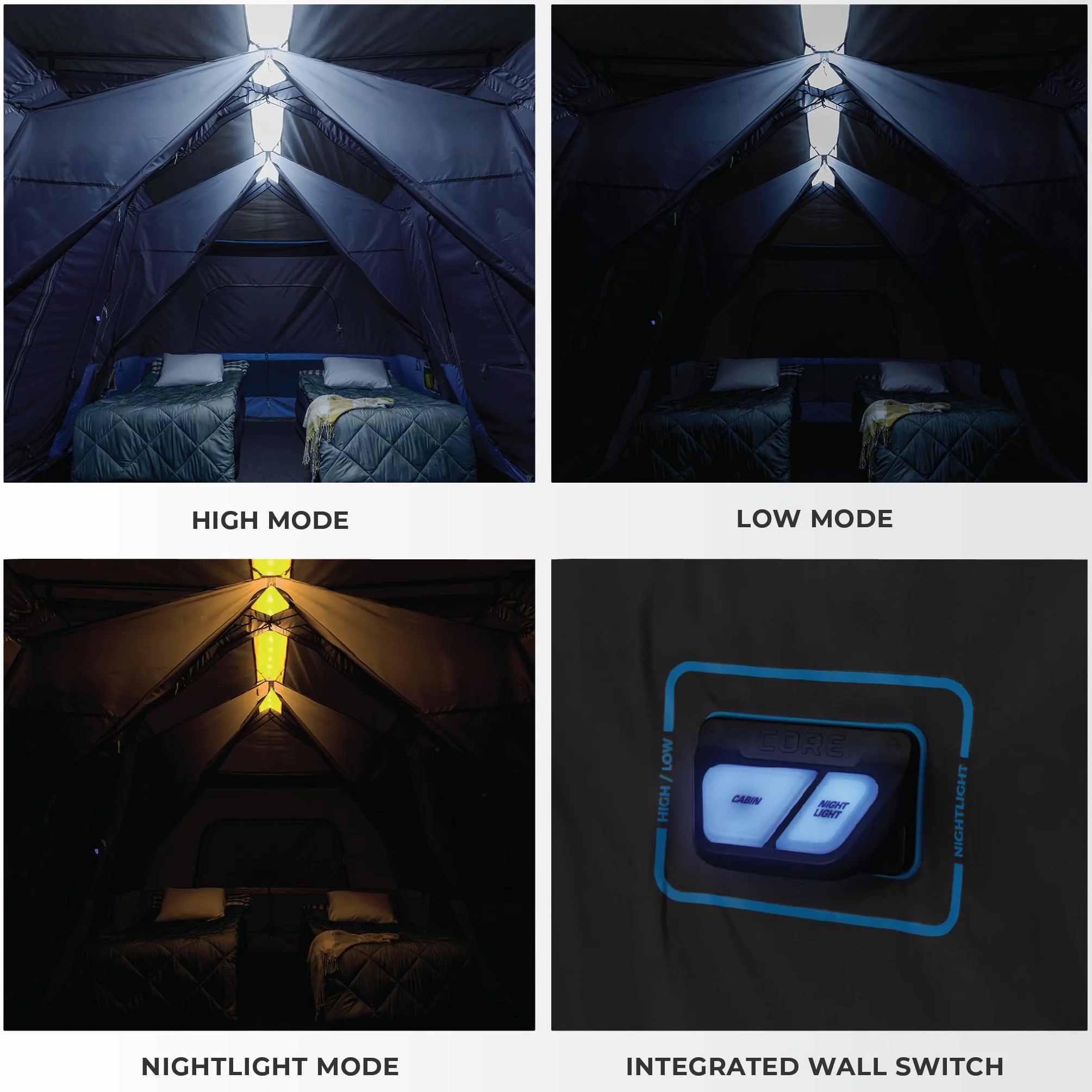 Instant Cabin Tents with LED Lights | Family Multi Room Lighted Pop Up Tents for Camping | Included Storage Pockets for Camping Accessories