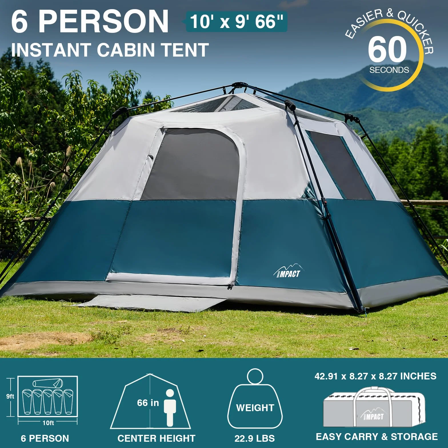 Instant 6 Person Tent for Camping with Rainfly, Under 60s Setup, 10 x 9ft | Fits 2 Queen Air Mattresses, 1200mm Waterproof, 360° Ventilation, PFAS-Free Fabric and Carry Bag for Family, Camping, Hiking