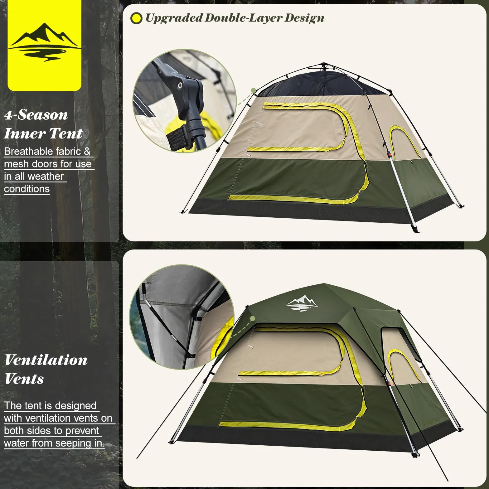 Camping Tent 2/3/4 Person Instant Pop Up Tents for Camping | 40s Easy Setup Tent with Rainfly, Double-Layer Waterproof & Windproof Instant Tents with Welcome Mat for Camping & Hiking