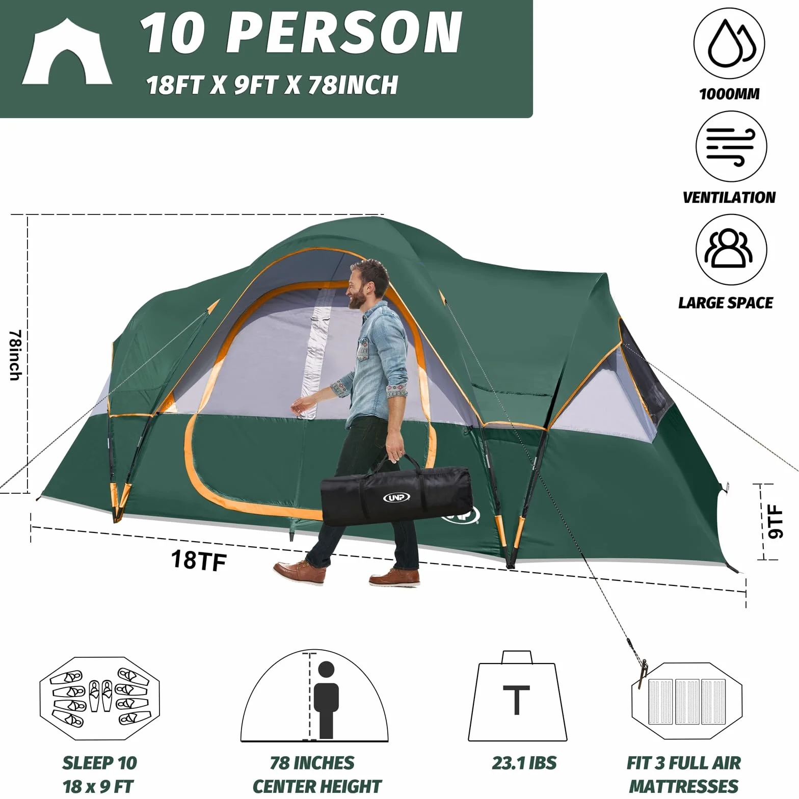 10 Person Tents for Camping Family Outdoor Camping Tent | 2 Rooms with Rainfly, Waterproof 5 Large Mesh Windows Size 18ft x 9ft x78in