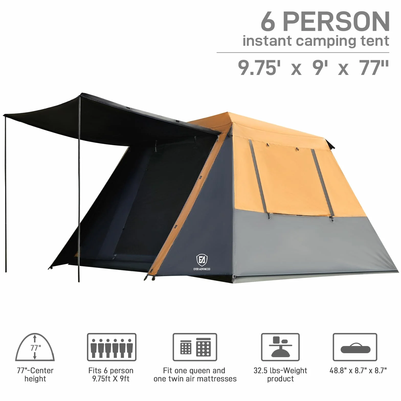 Blackout 6 Person Camping Tent, Instant Cabin Tent for Family with Vestibule and Large Mesh Windows, 60s Easy Setup, Double Layer, Water-Resistant