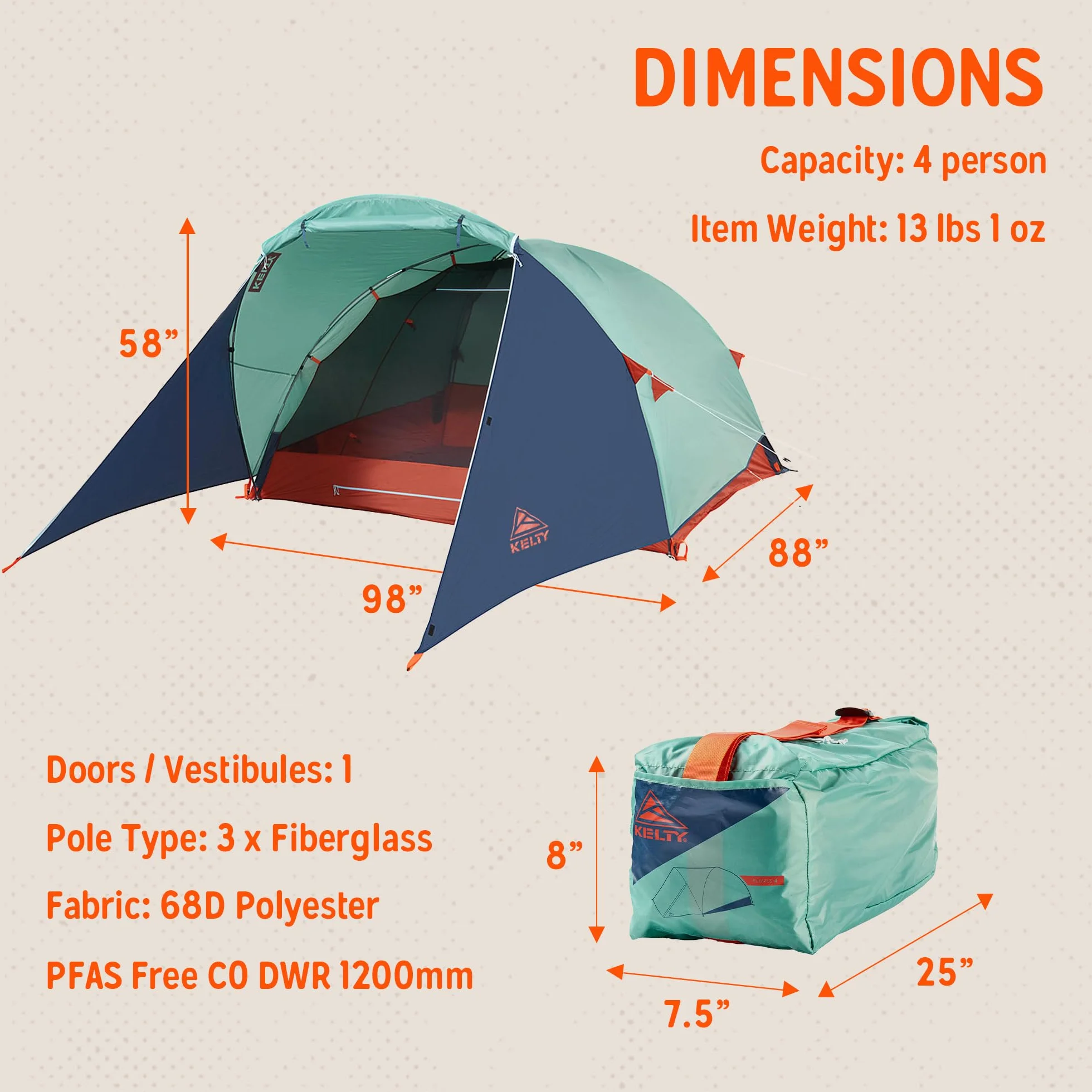 4/6 Person Freestanding Rumpus Tent for Camping, Car Camping, Festivals and Family with Extra Large Vestibule