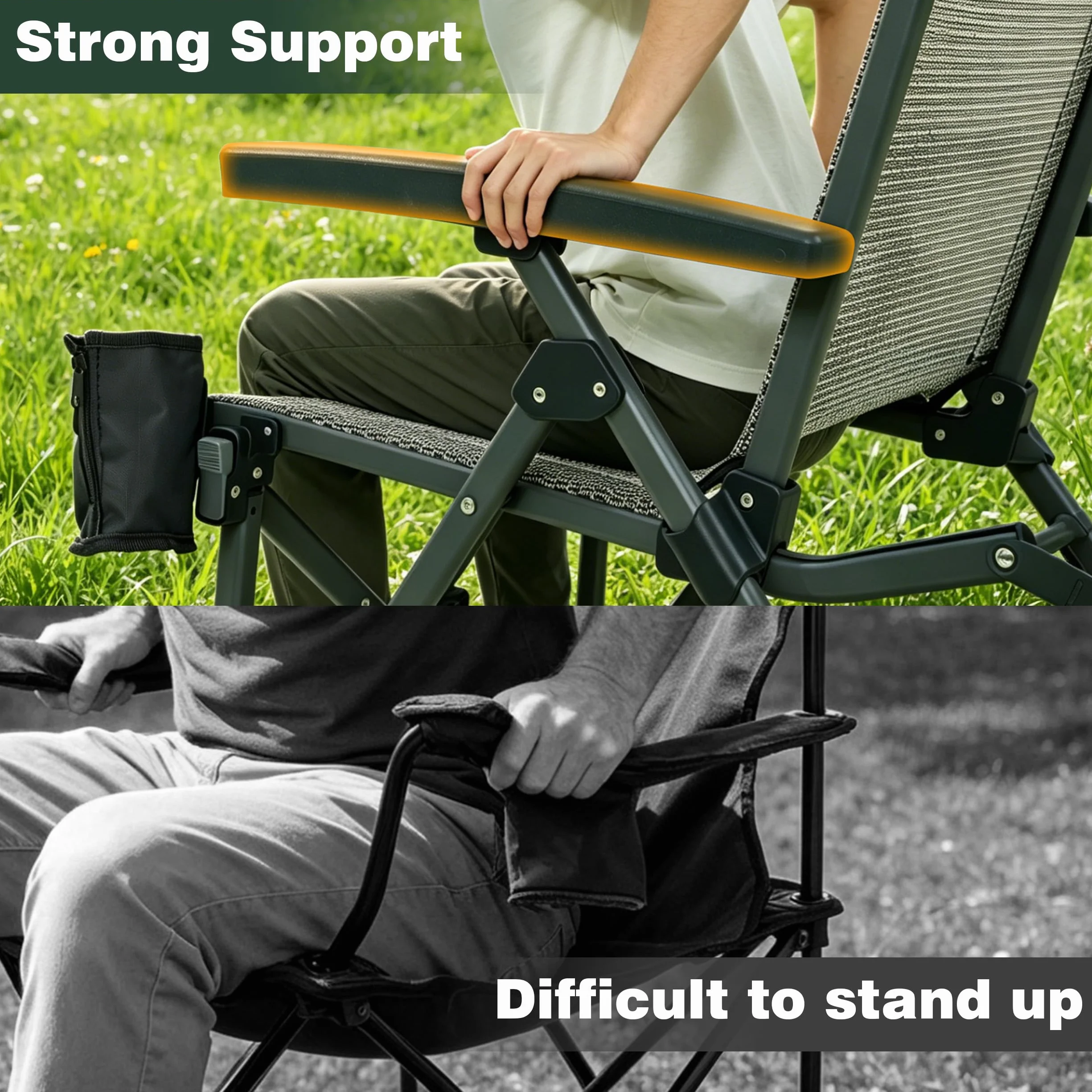 High Back Folding Camping Chair 500 lbs with Aluminum Frame, Grey | Ergonomic Back Support, High-Resilience Fabric & UV-Rated, Detachable Cup Holder and Carry Bag for Camping, Beach, RV, Patio