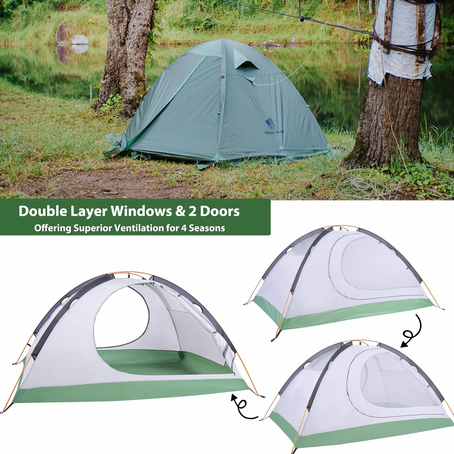 2 Person Backpacking Tent, Lightweight Waterproof 4-Season Tent | Freestanding, Fast Pitch, Aluminum Frame, Double-Wall, Snow Skirt, Dual Vestibules