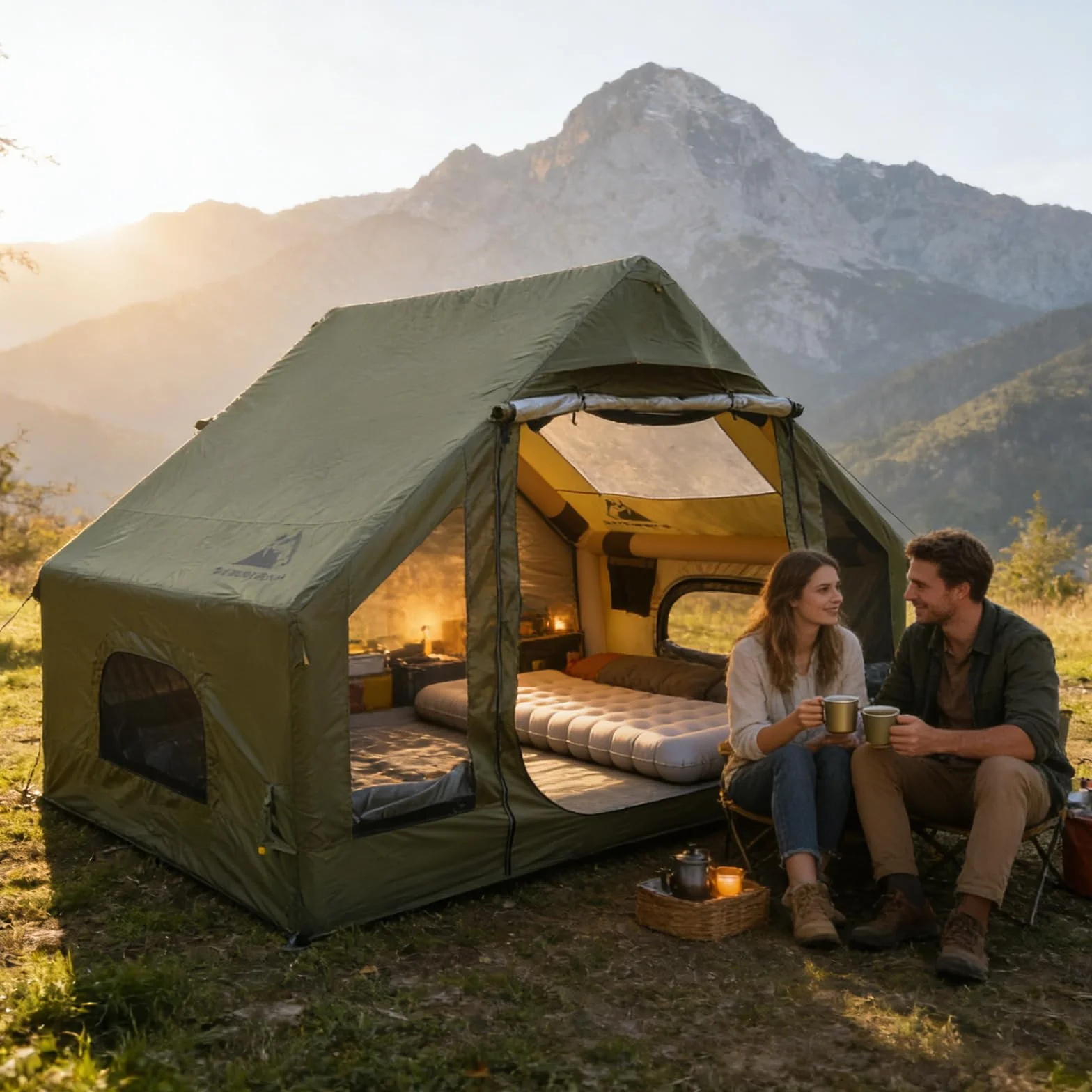 Inflatable Tent for Camping, Quick Setup Blow Up Tents with Pump, Waterproof Oxford 4 Season Air Tent with Skylight, Large Glamping Tent for 2/4/6/8/12 Person
