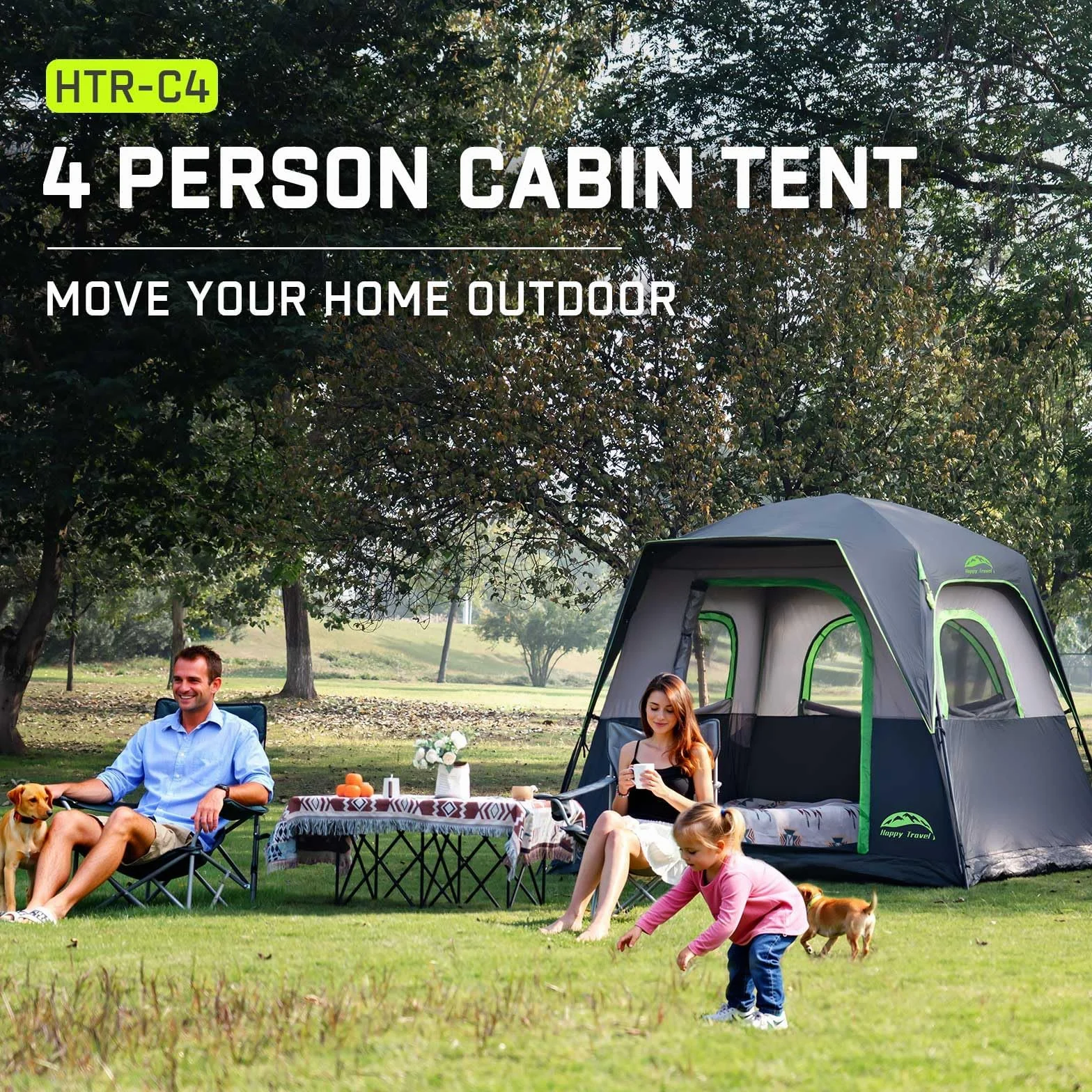 Tent 4 Person Tents for Camping, Tall Cabin Tent with Rainfly | Waterproof Portable Easy Setup Camping Tent with 4 Mesh Windows and Carry Bag for Outdoor Camping & Hiking