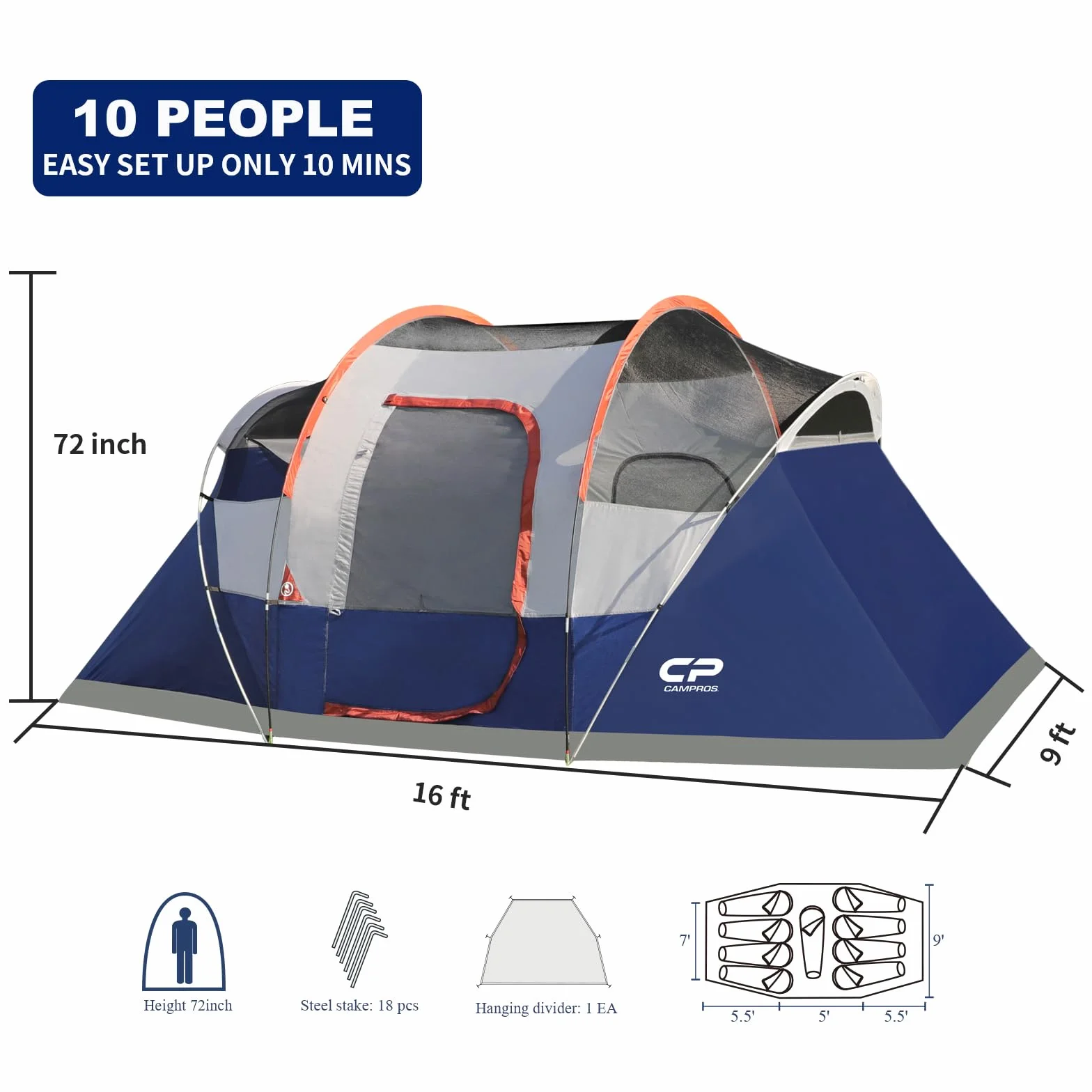 Camping Tent 10/12 Person Cabin Tent, 2 Room Water Resistant | Waterproof Tent with Top Rainfly, 3 Large Mesh Windows, Double Layer, Easy Set Up, Portable with Carry Bag
