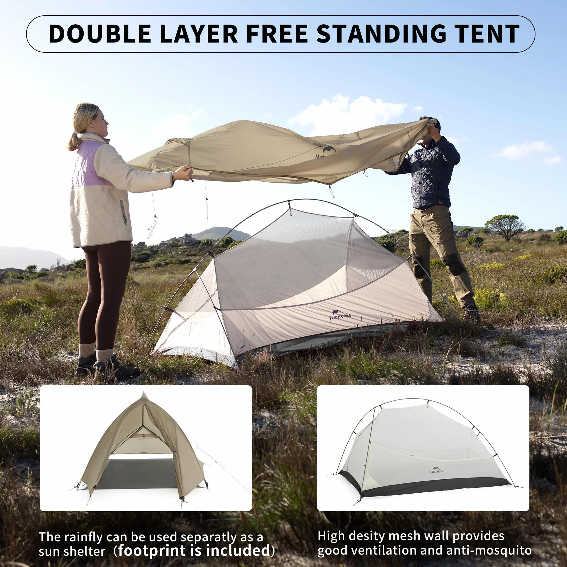 Cloud-Up 2 Person Tent Lightweight Backpacking Tent with Footprint - Free Standing Ultralight Camping Hiking Backpack Tents Two Person Tent