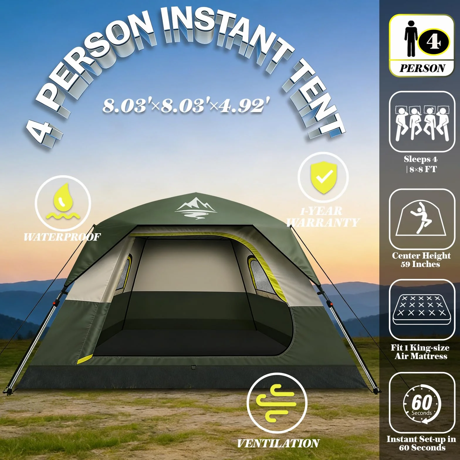 Camping Tent 2/3/4 Person Instant Pop Up Tents for Camping | 40s Easy Setup Tent with Rainfly, Double-Layer Waterproof & Windproof Instant Tents with Welcome Mat for Camping & Hiking