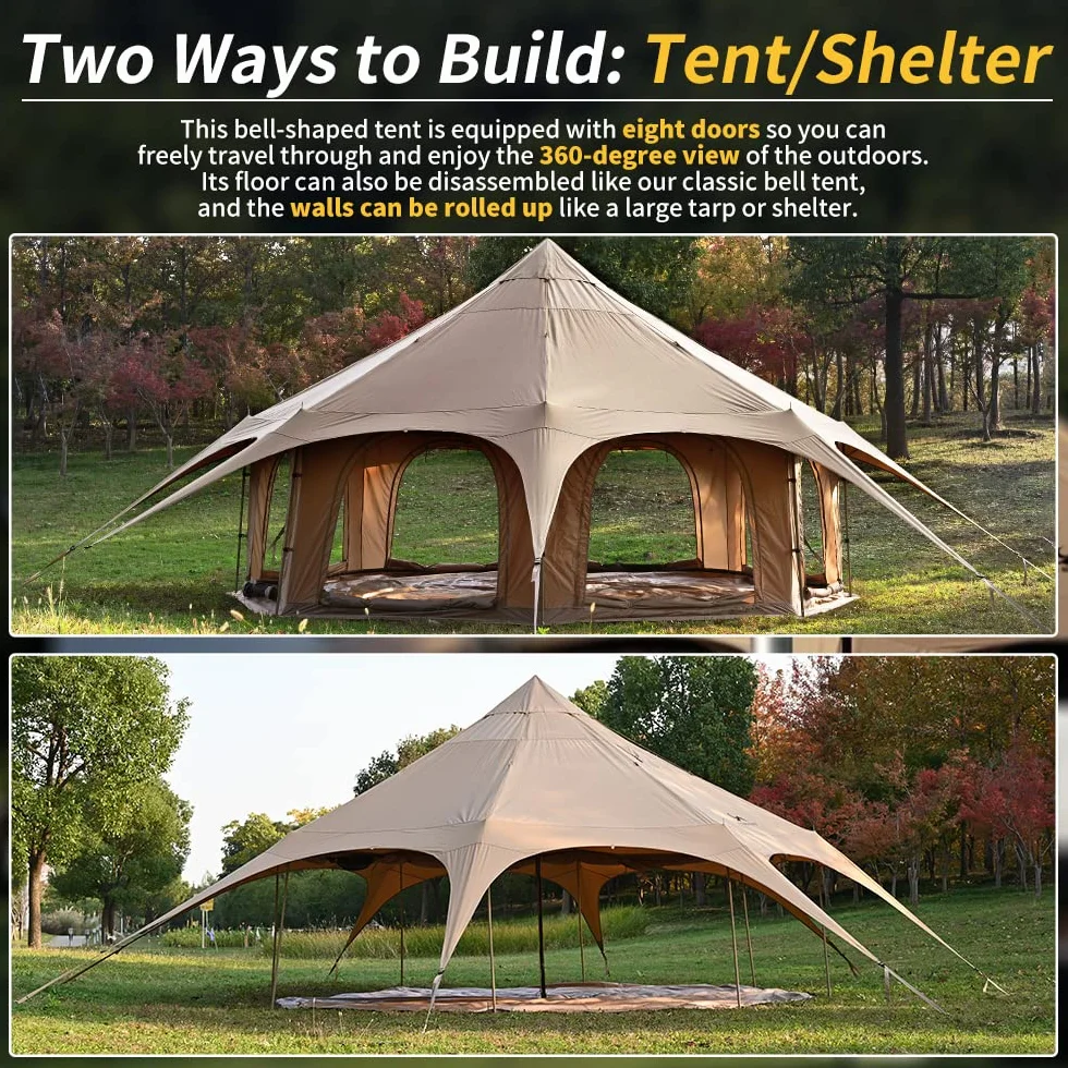 Canvas Tent Bell Tent 16.4ft*9.2ft with Stove Jack for Glamping Family Camping Zipped Removable Floor