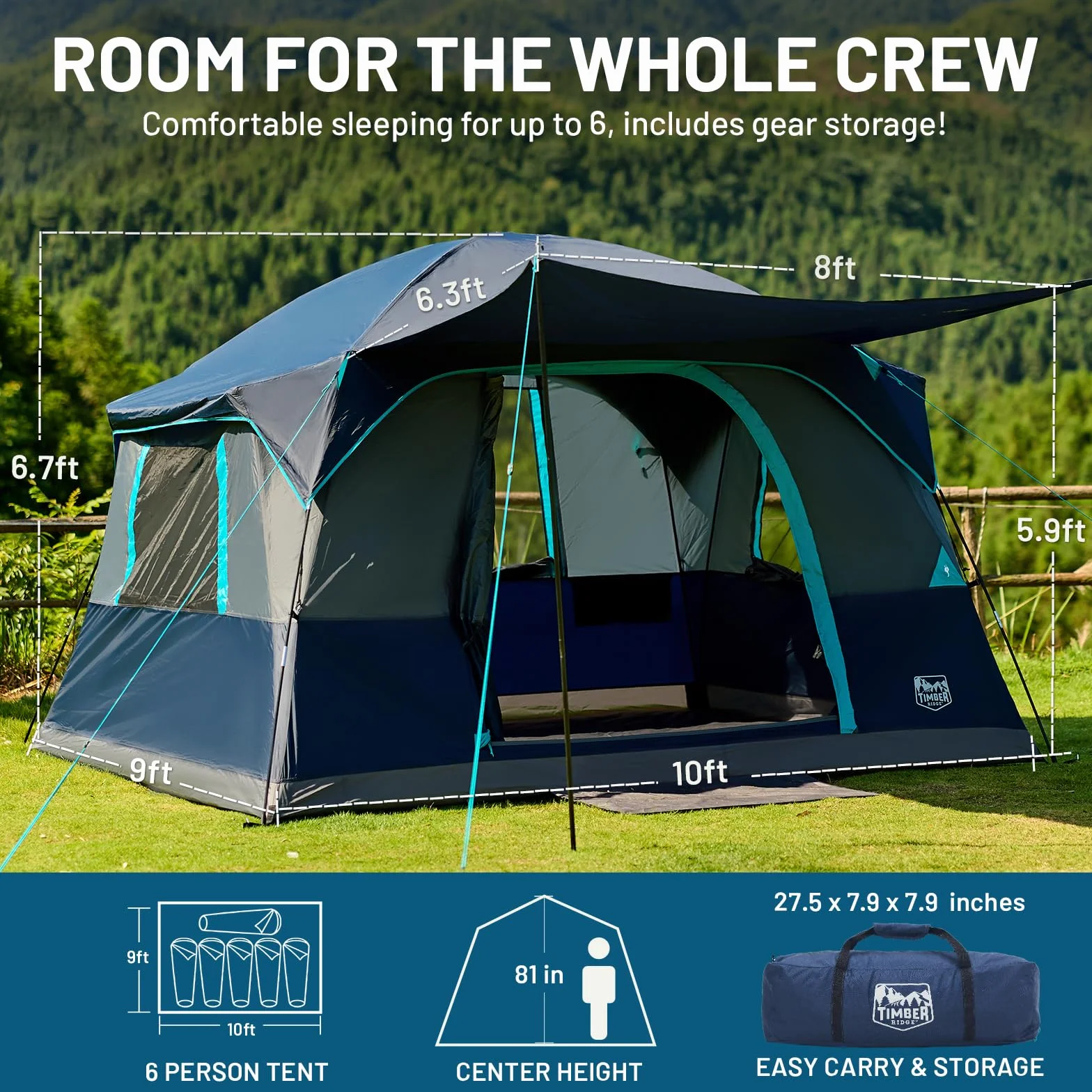 6 Person Camping Tent, Large Family Tents Cabin Tent with Vestibule and Storage Pockets, Waterproof PU2000mm Tent for Camping Accessories