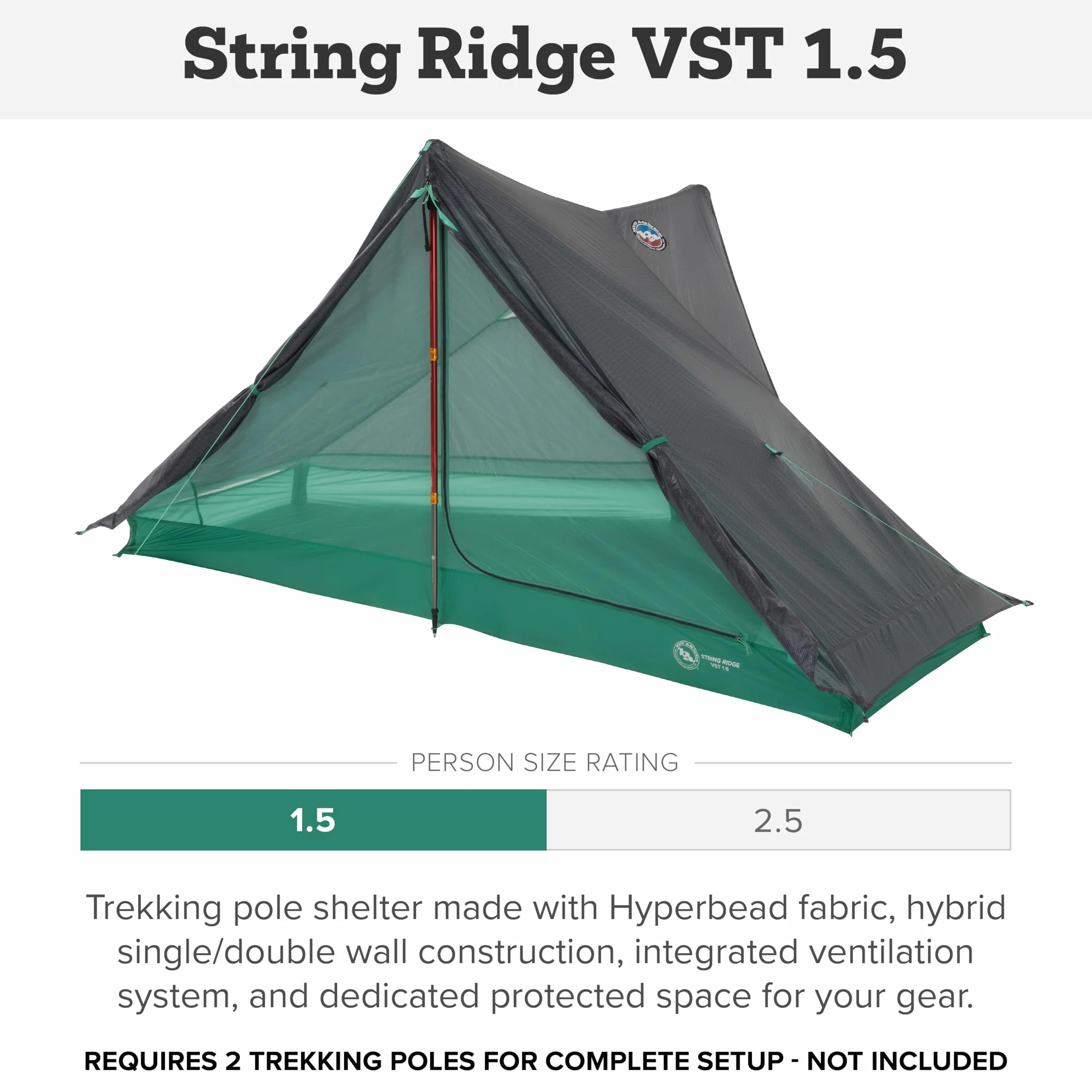 String Ridge VST - Trekking Pole Backpacking Tent | Premium ultralight 3-season waterproof tent with fabric, hybrid ventilation, and extra interior space