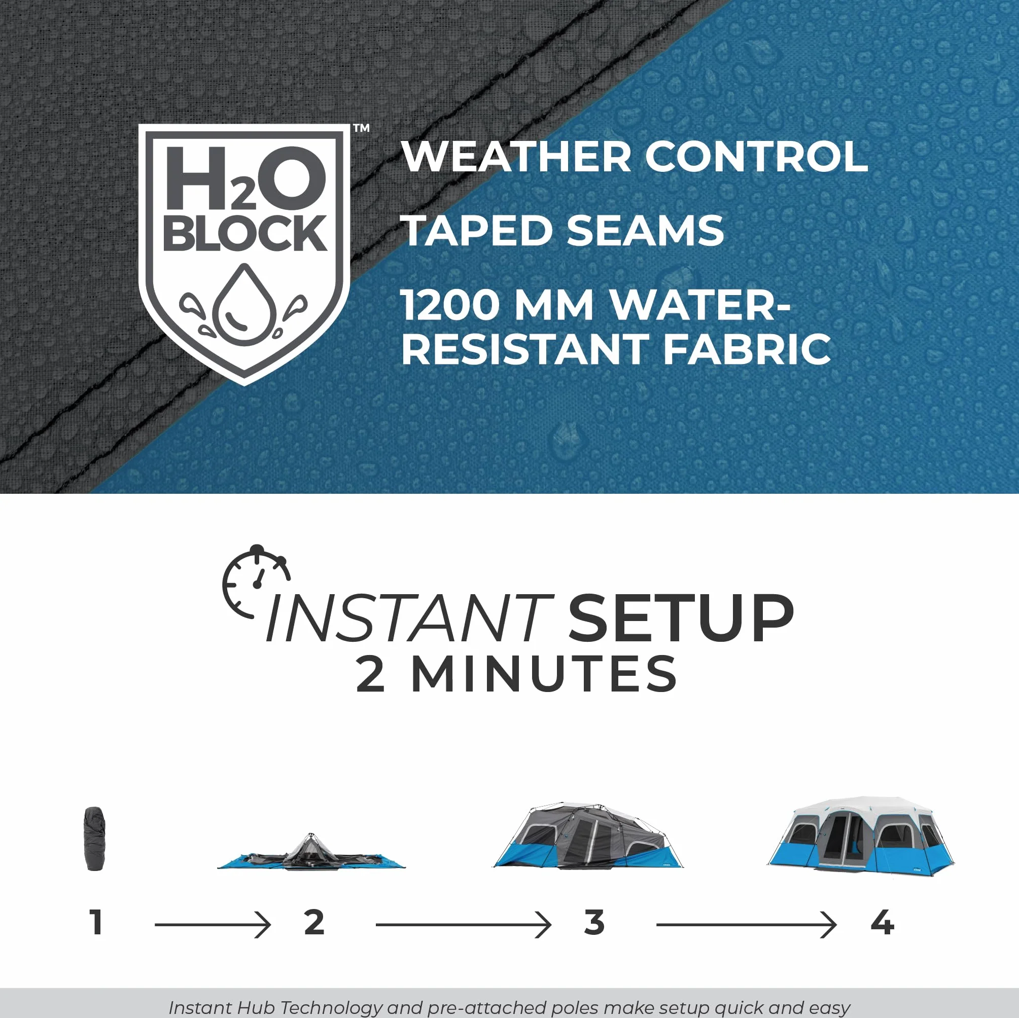 Instant Cabin Tents with LED Lights | Family Multi Room Lighted Pop Up Tents for Camping | Included Storage Pockets for Camping Accessories